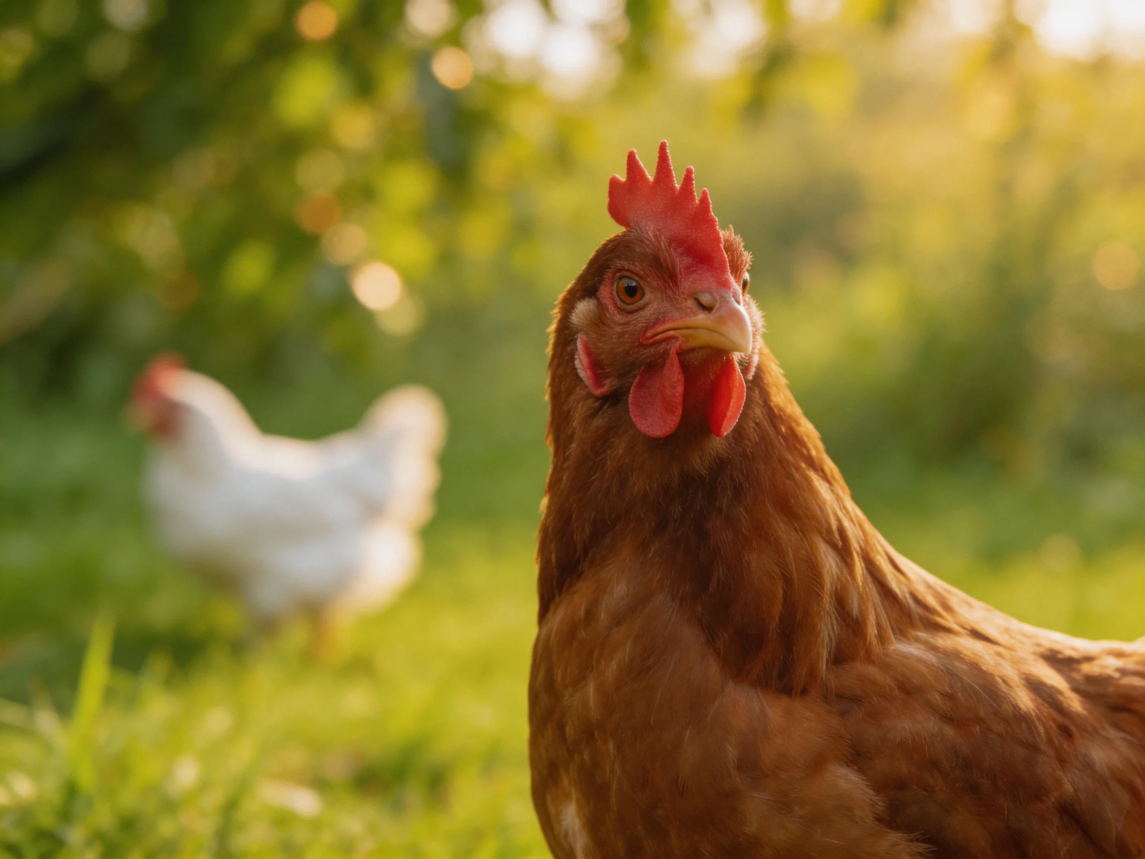 Two chickens, one brown and one white, roam in a sunlit green outdoor space.