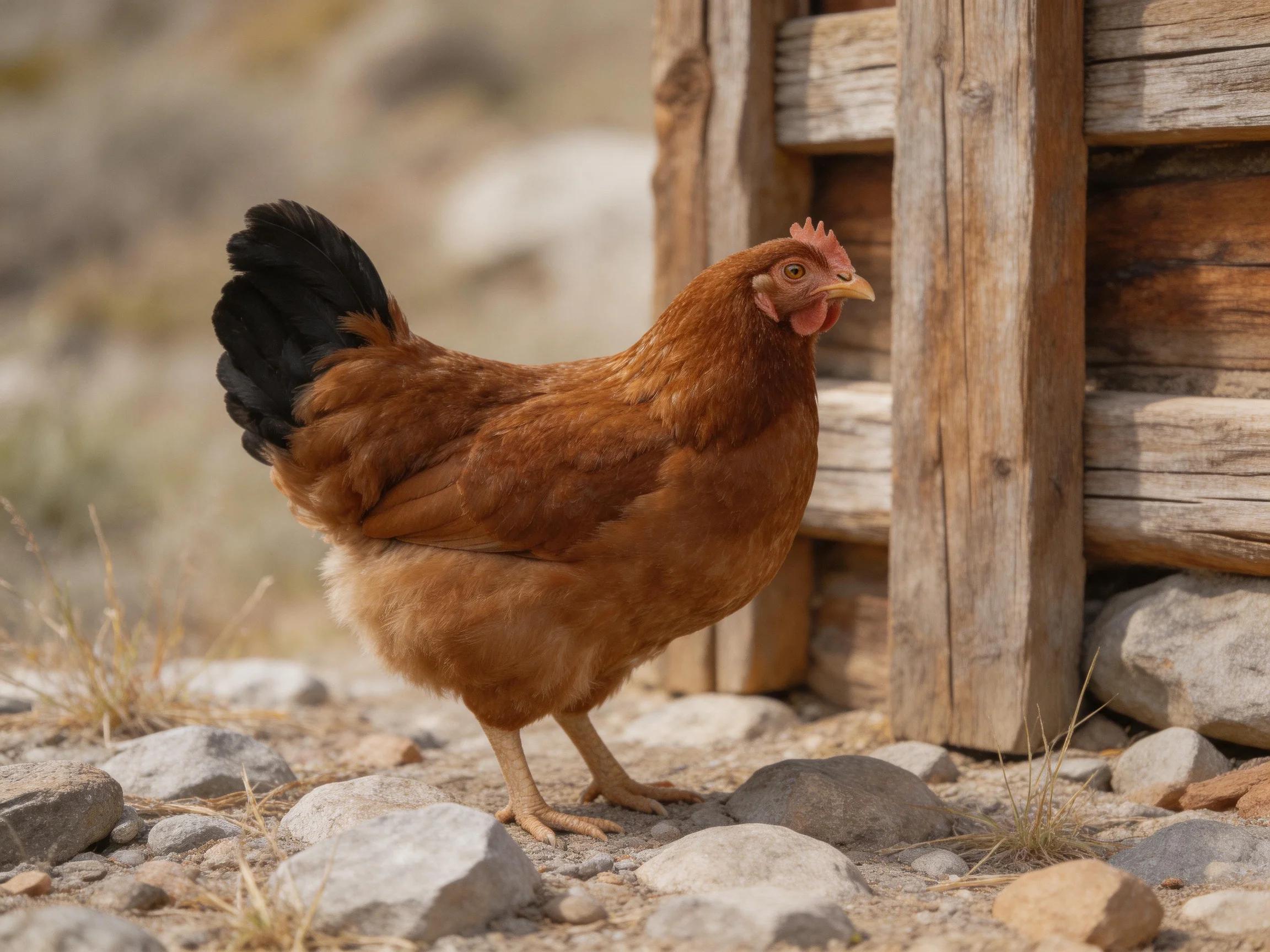 A brown hen with black tail near weathered wooden logs