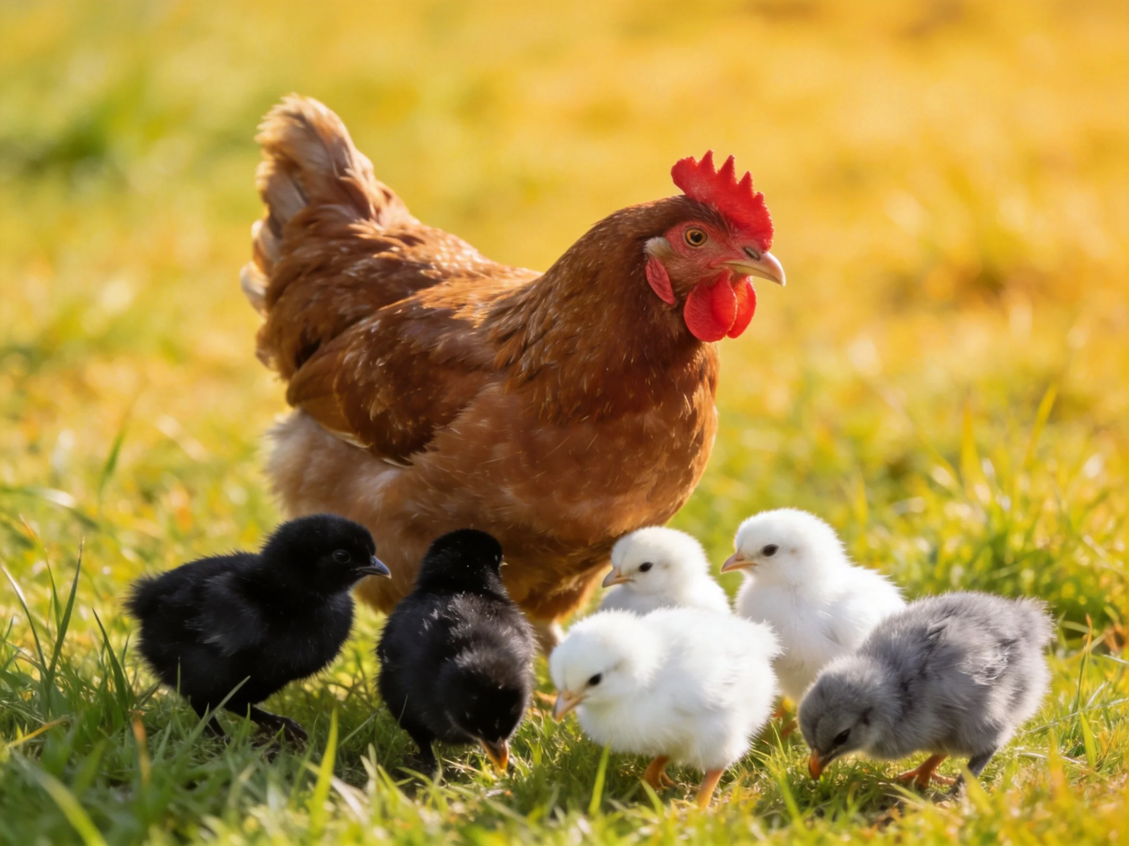 A brown hen with black, white, and gray chicks foraging in green grass