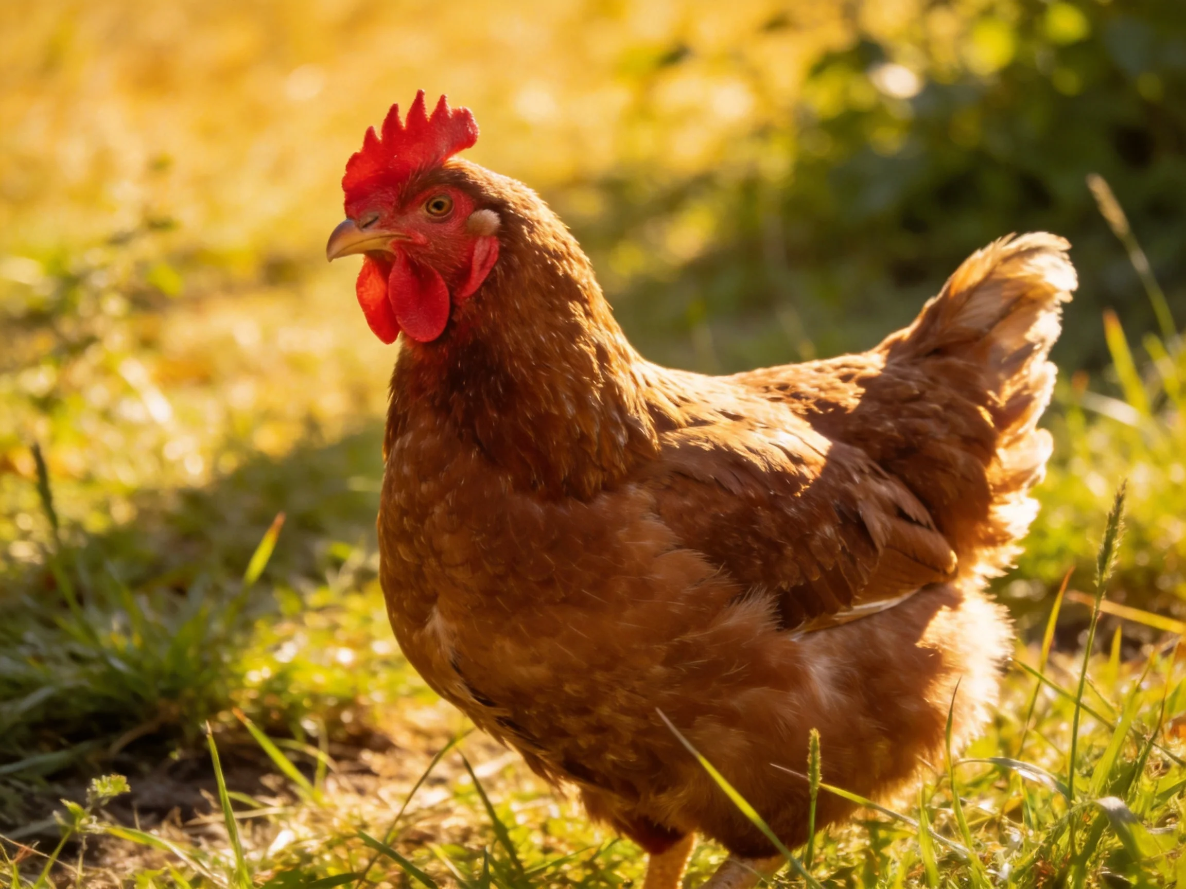 A brown hen with a red comb is in sunlit grass.