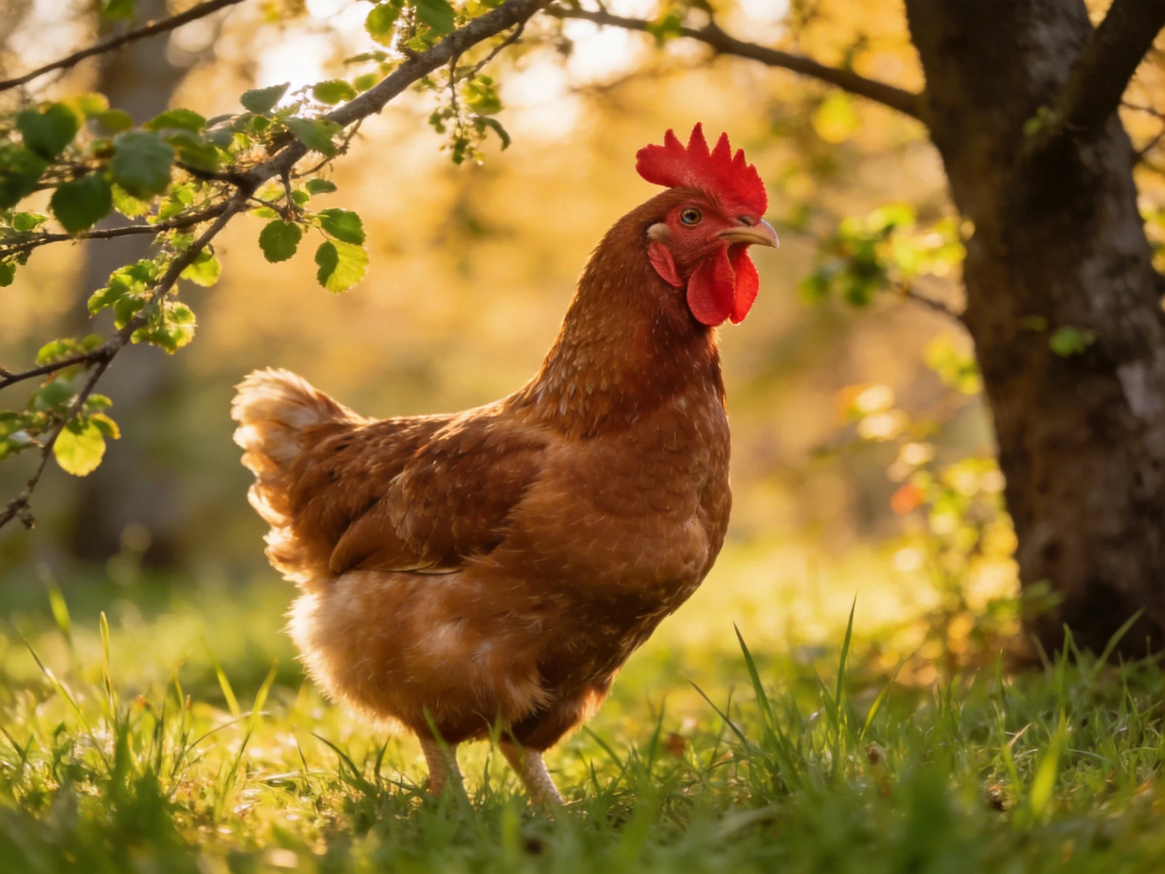 A brown hen with bright red comb roams near green grass and trees