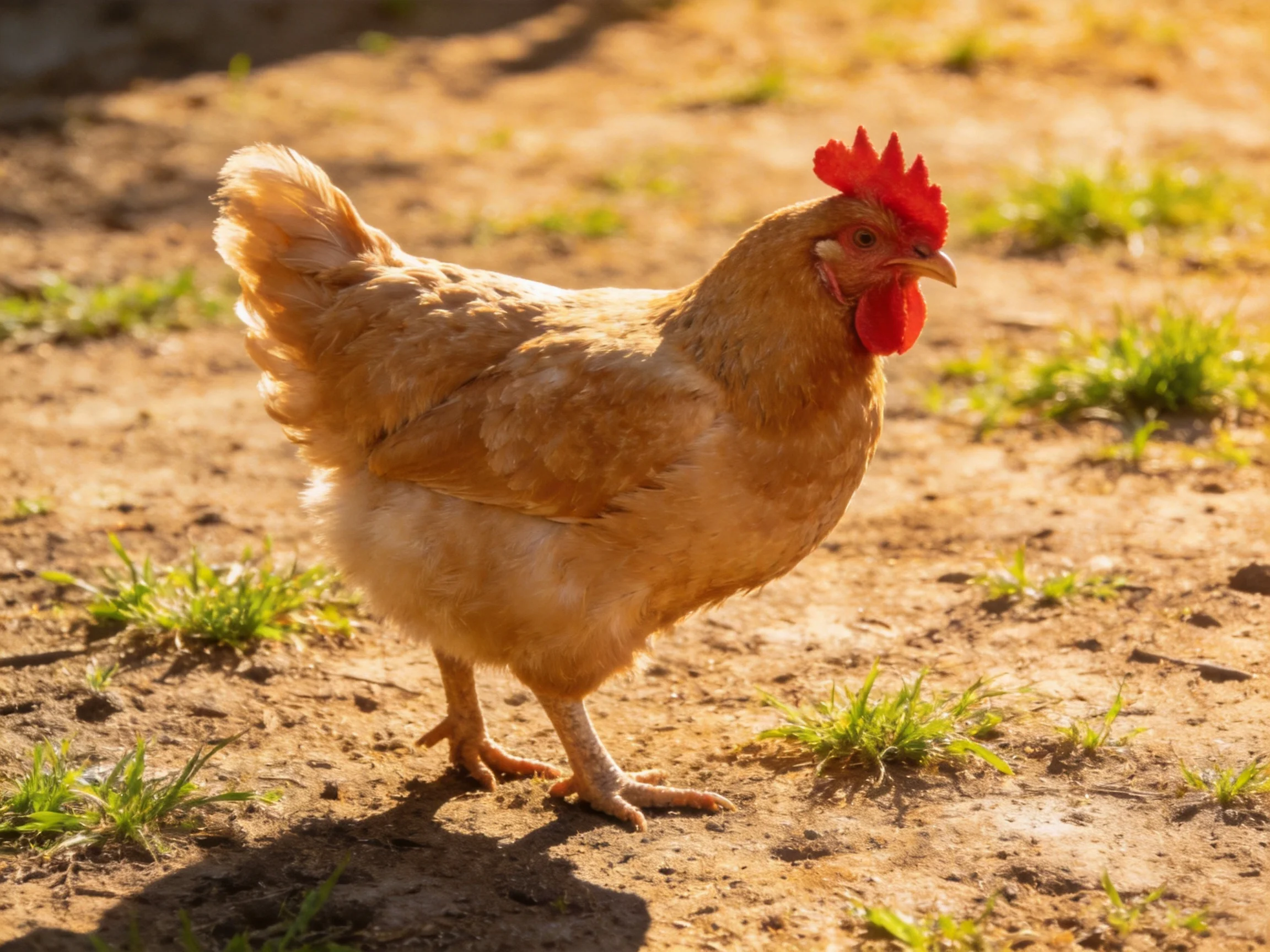 A brown hen with bright red comb walks on sun-dappled dirt path