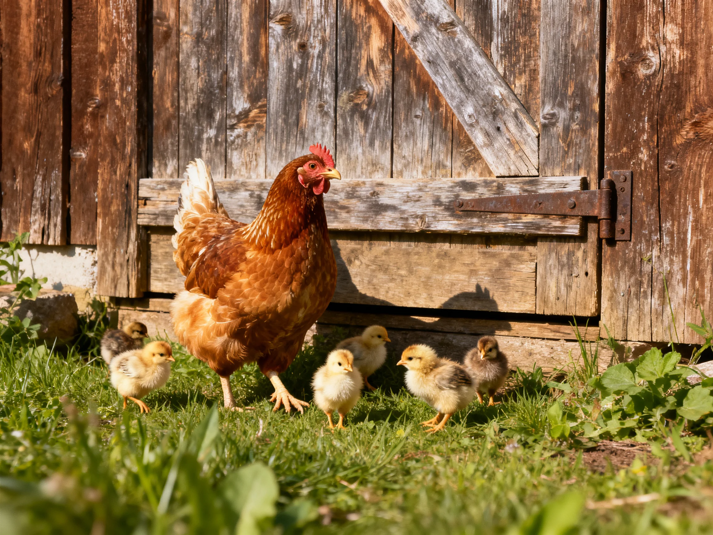 A brown hen with chicks near an old wooden barn door