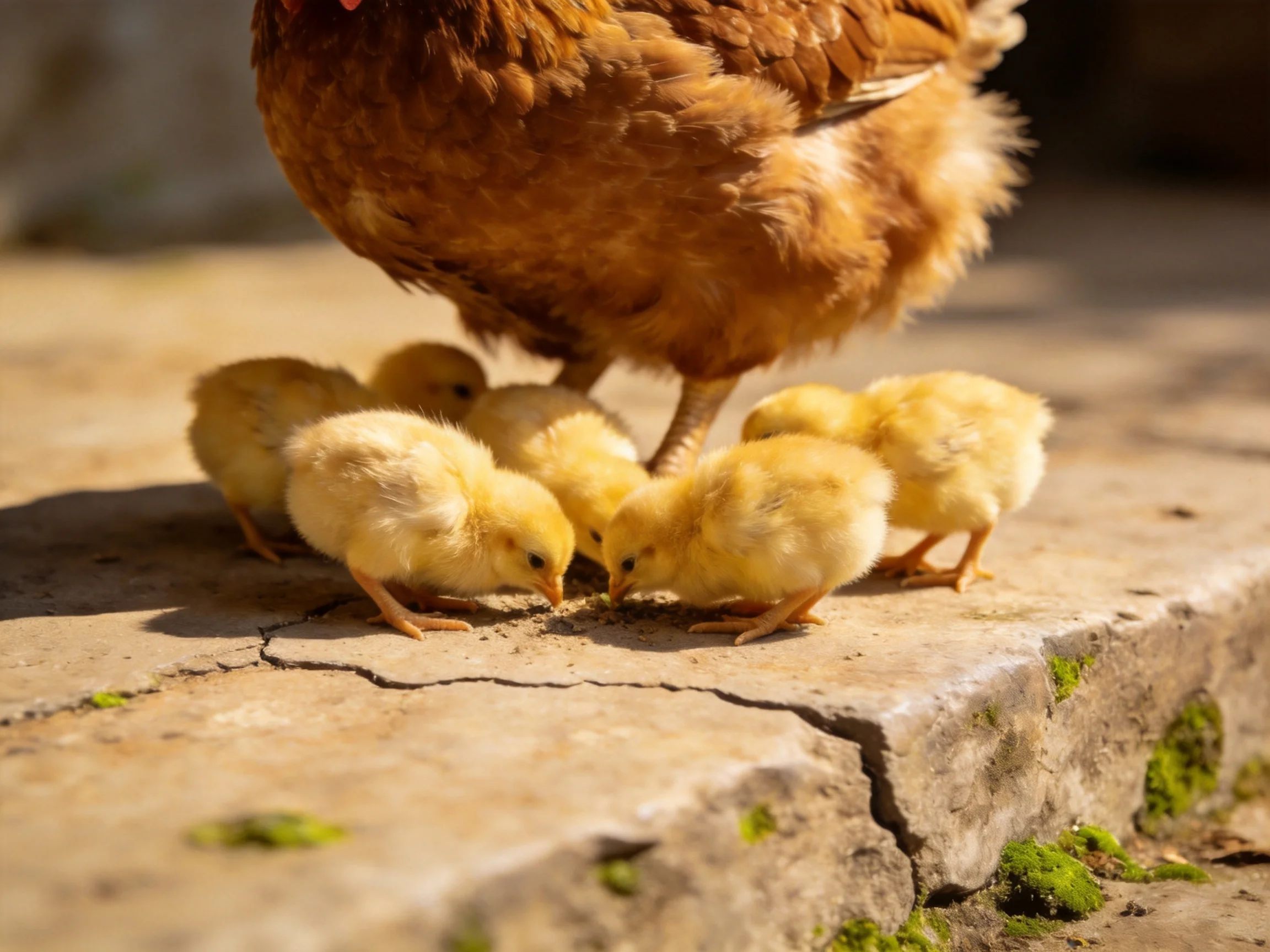 A brown hen with five yellow chicks feeding on a cracked stone surface
