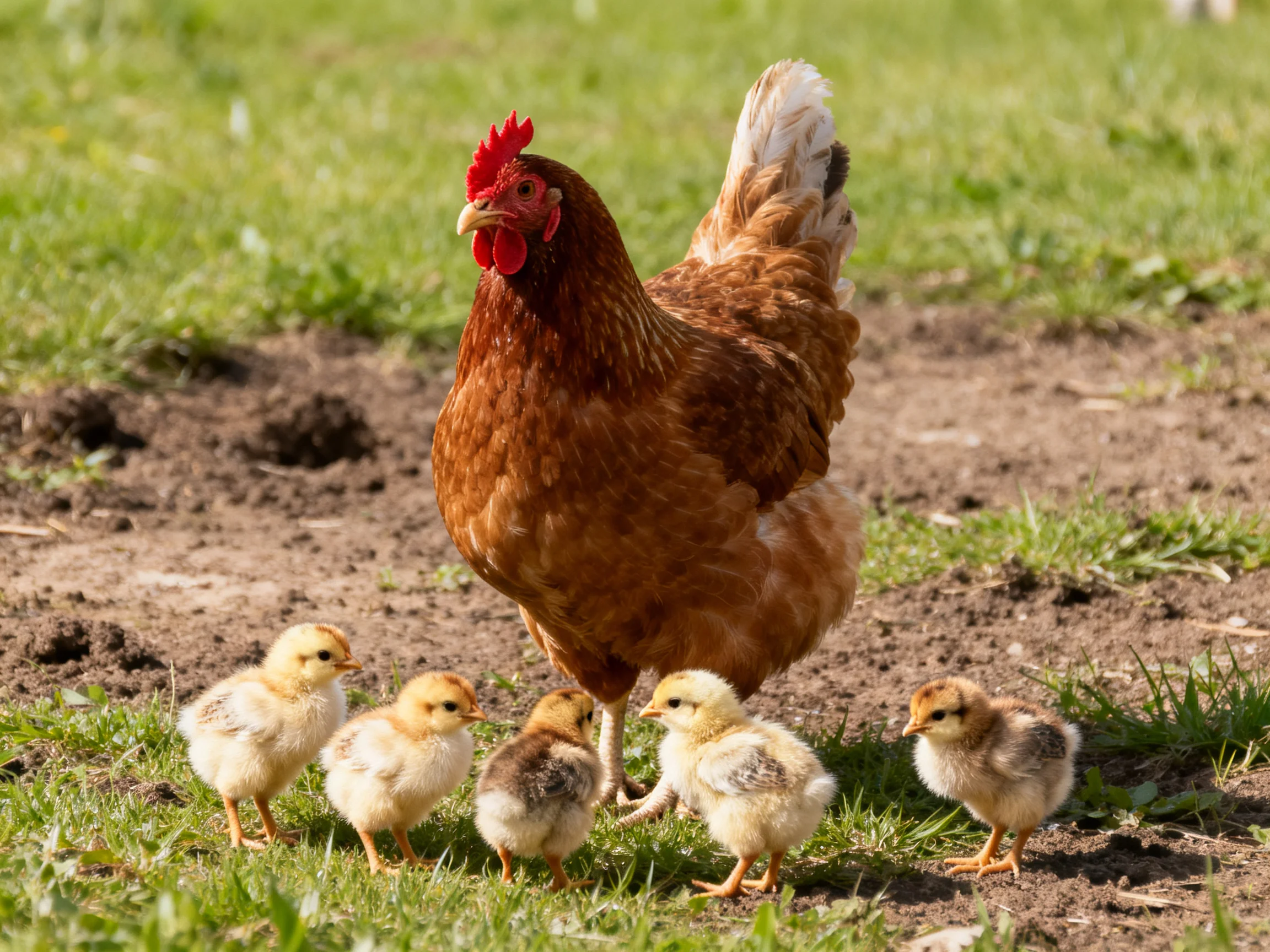 A brown hen with five yellow chicks on a grassy dirt path