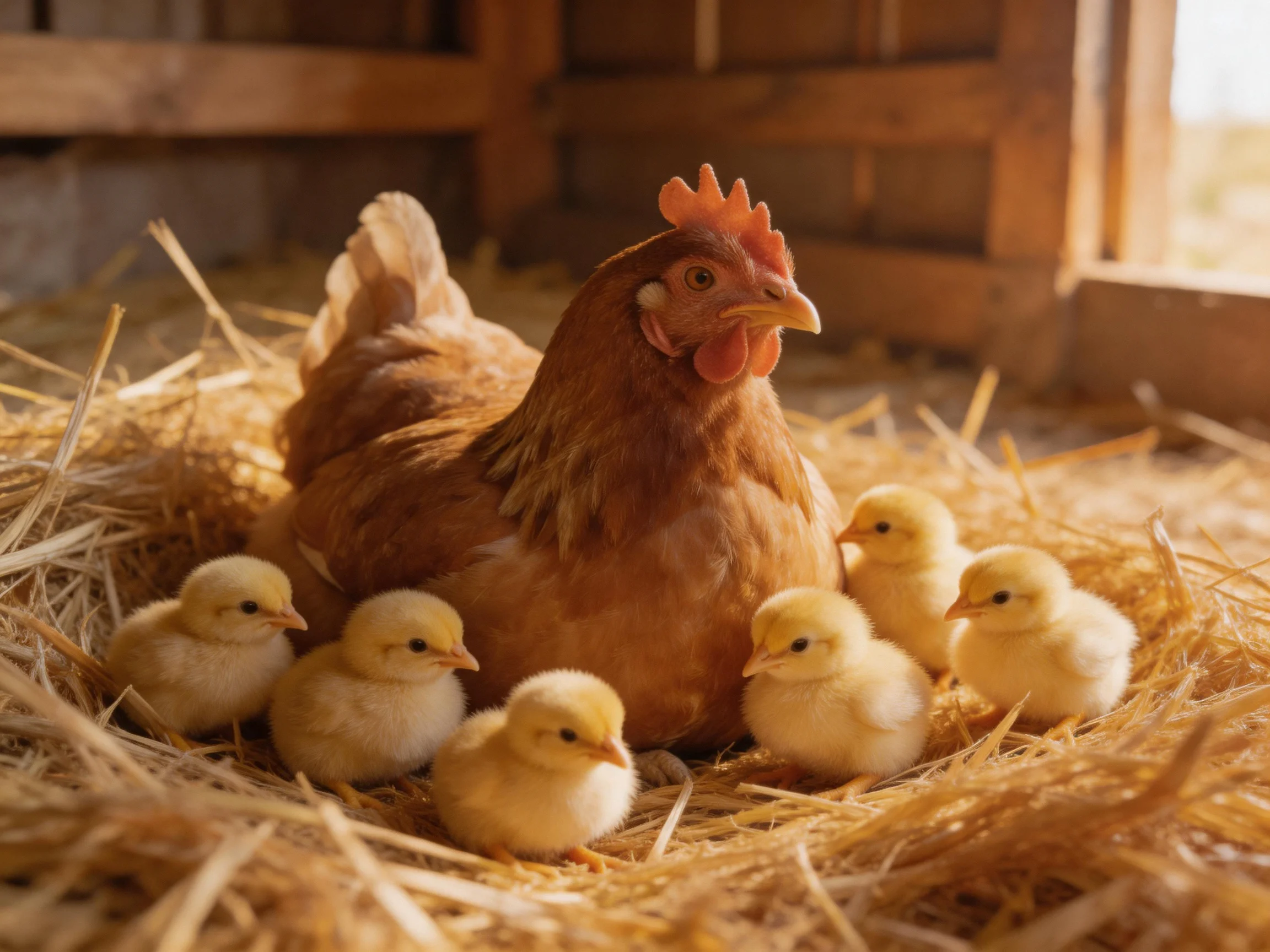 A brown hen with five yellow chicks on golden straw