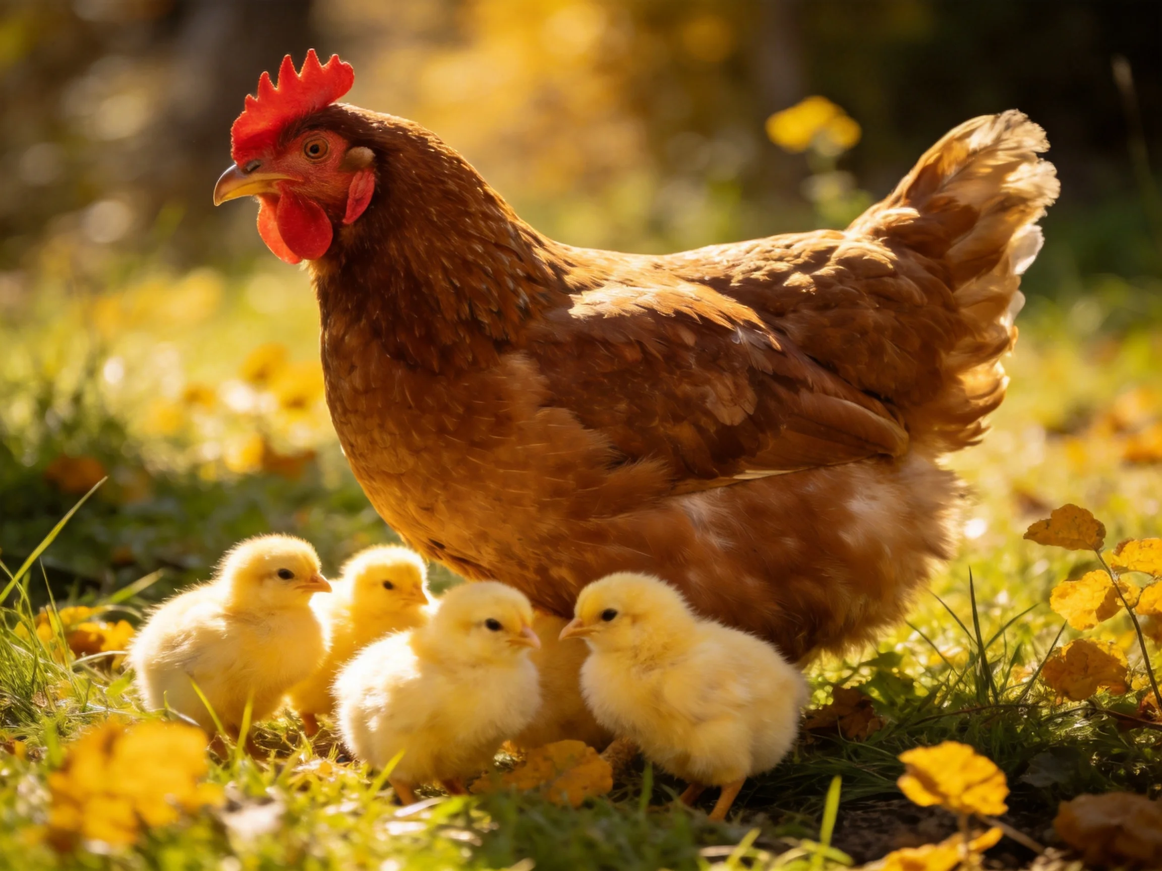A brown hen with four yellow chicks in a sunlit grassy field