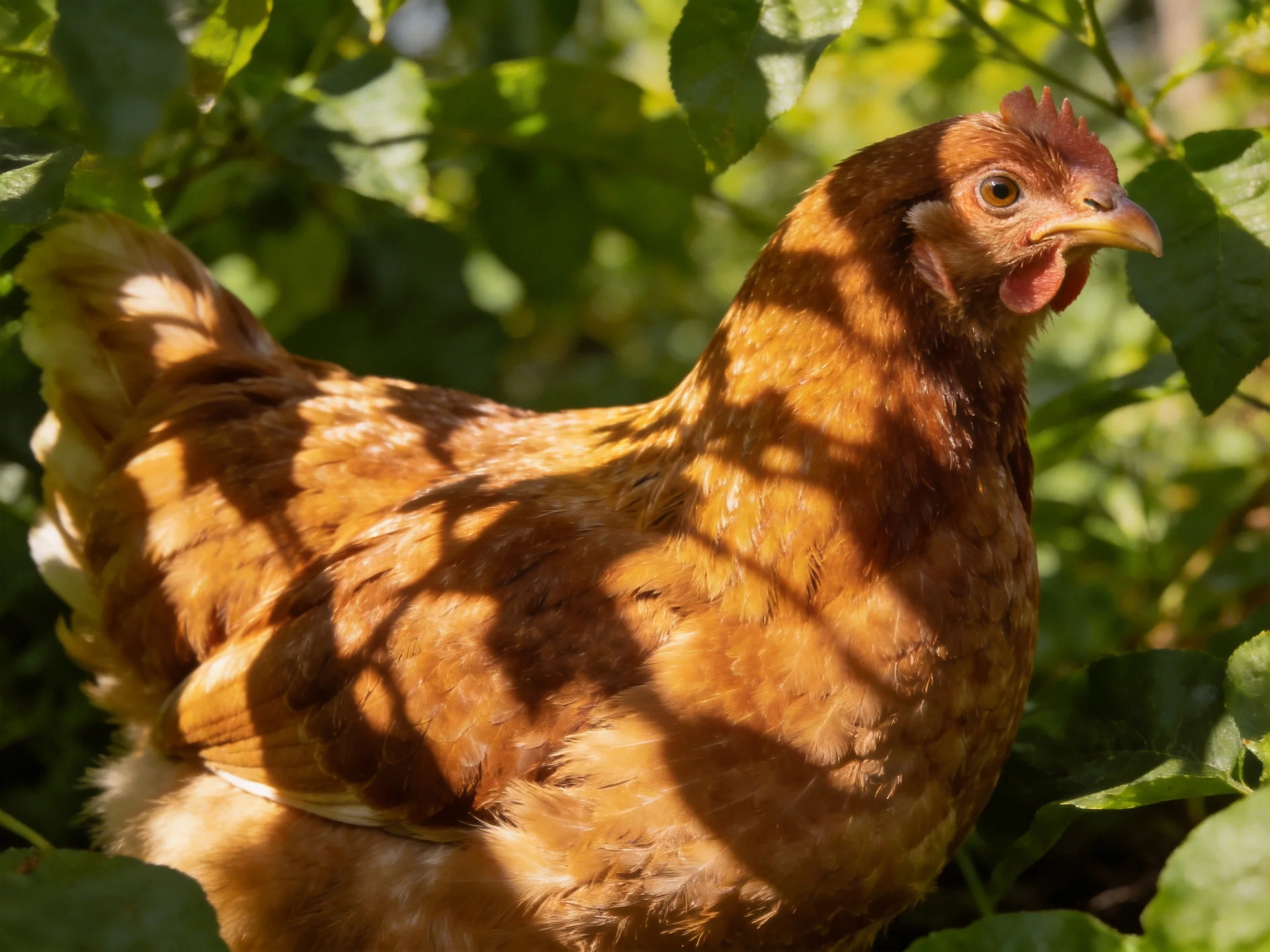 A brown hen stands amidst green foliage under bright sunlight.