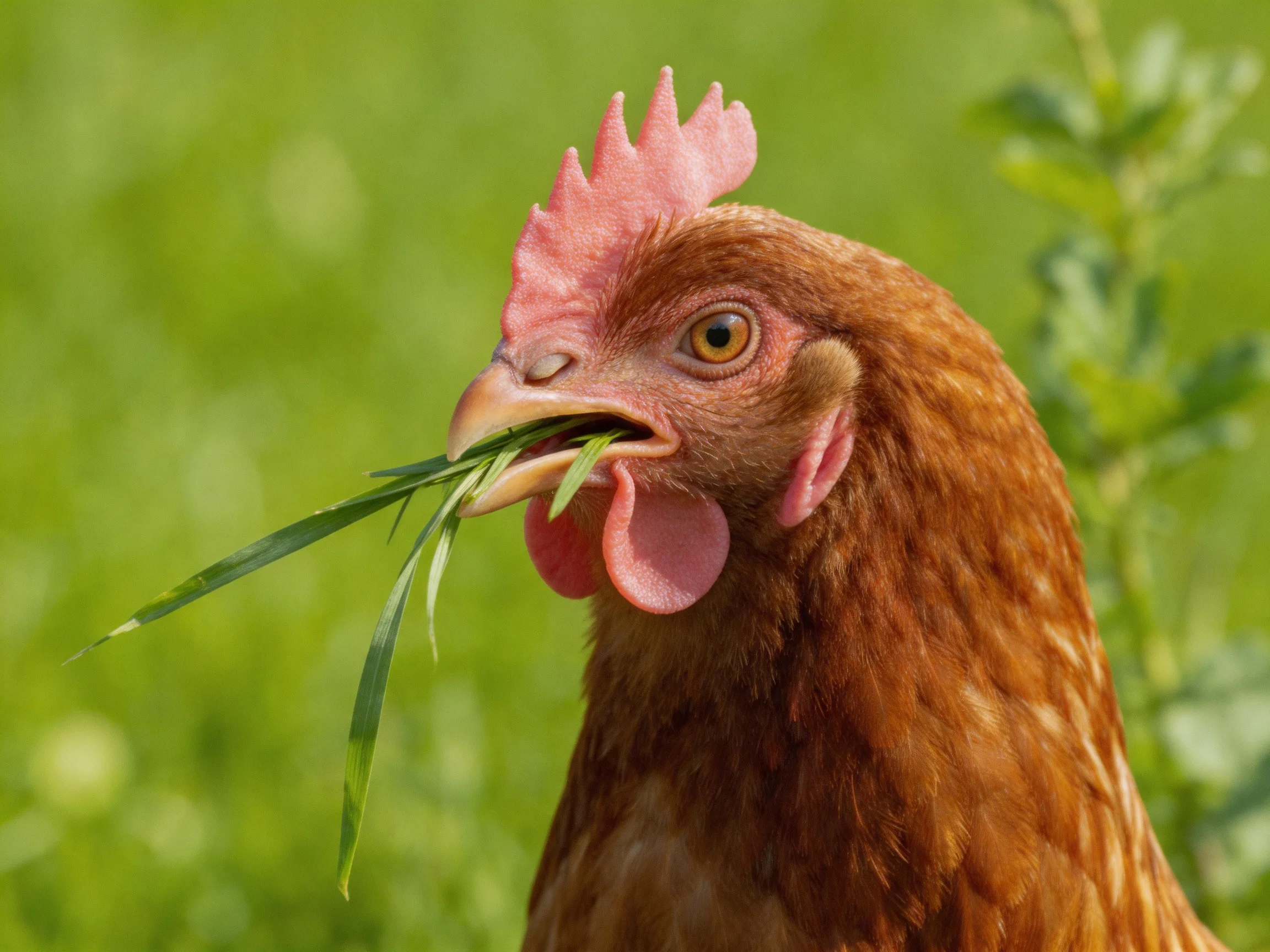 A brown hen with grass in its beak amid a lush green landscape