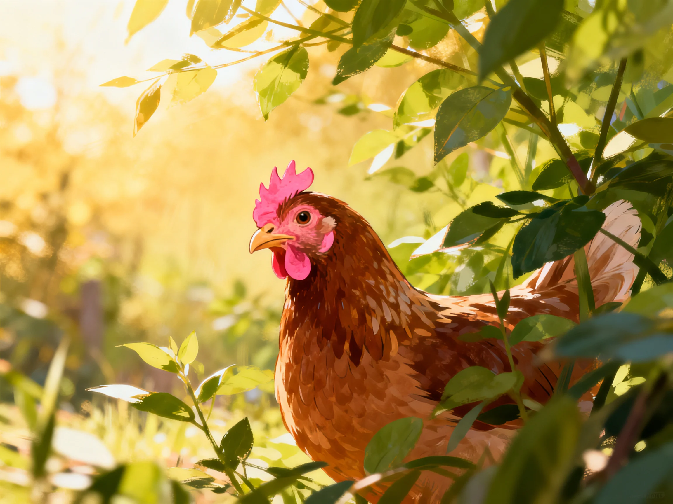 A brown hen is nestled among green plants in a sunlit outdoor setting.