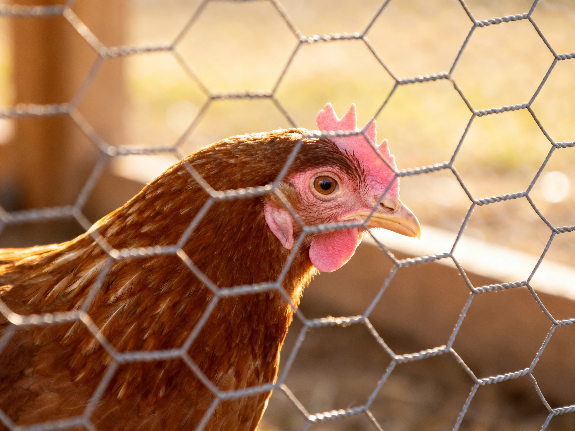A brown hen with pink comb and wattles behind hexagonal wire fencing