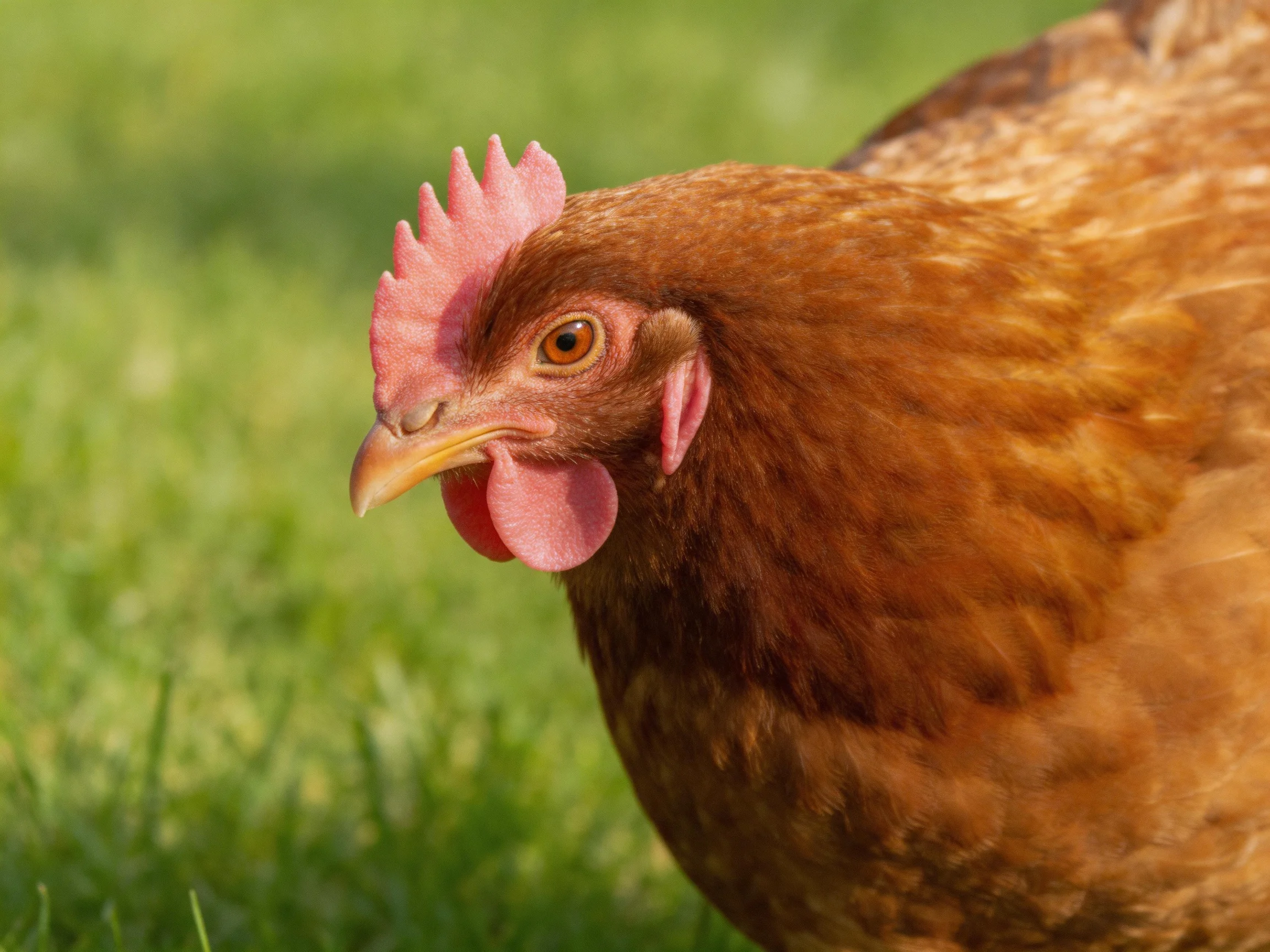 A brown hen with pink comb and wattles on lush green grass