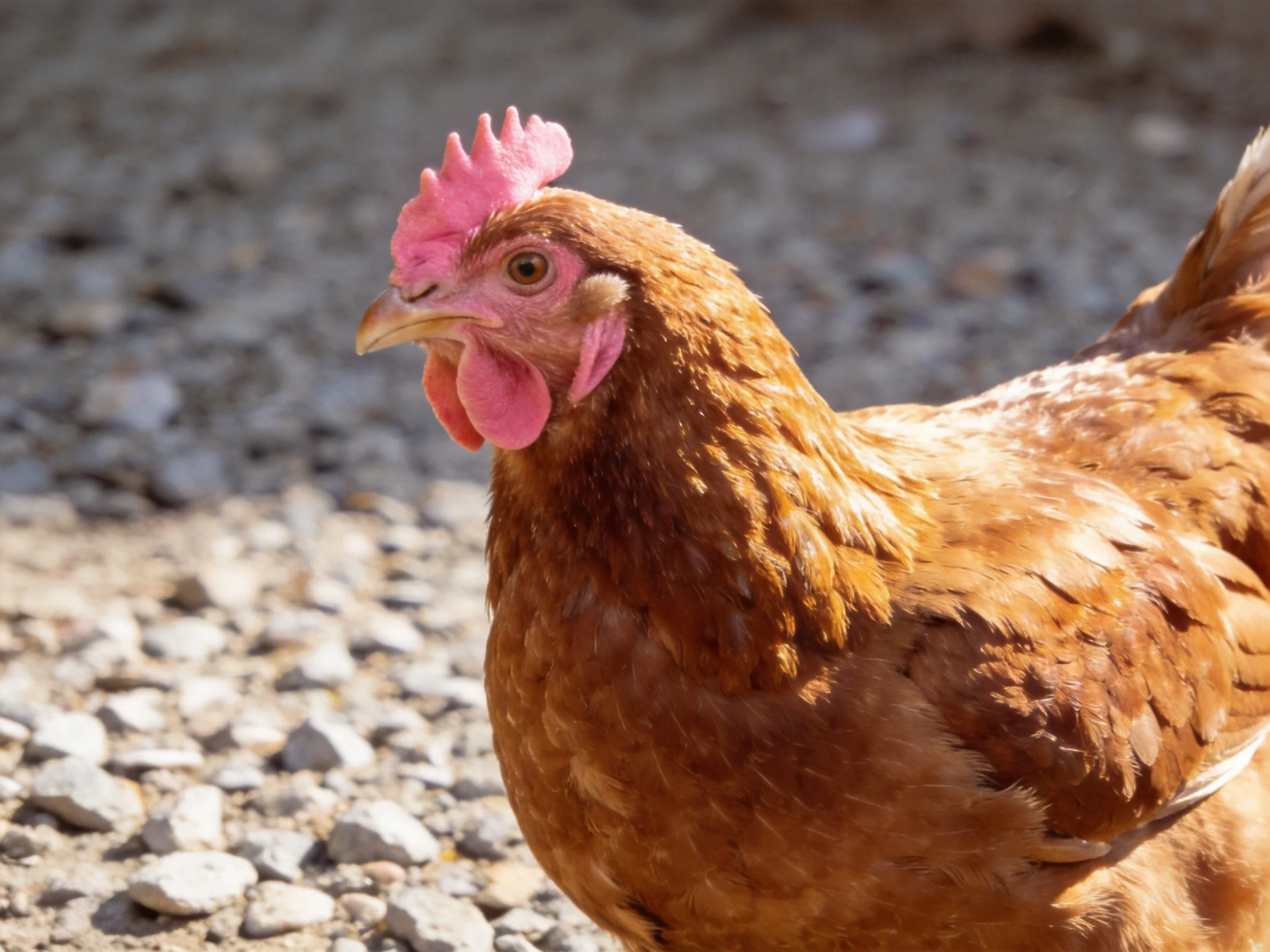 A brown hen with pink facial features walks on gravel near stones.