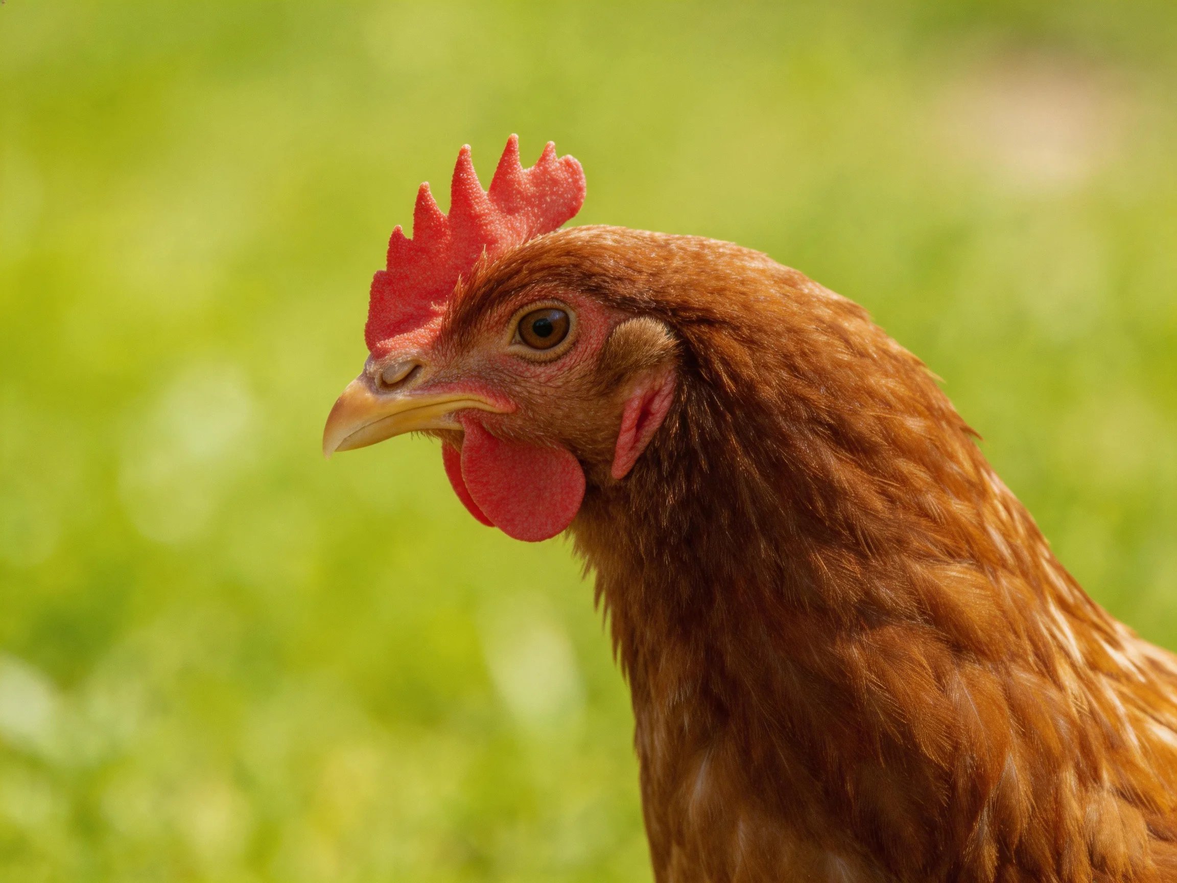 A brown hen with red comb and wattles against a blurred green backdrop