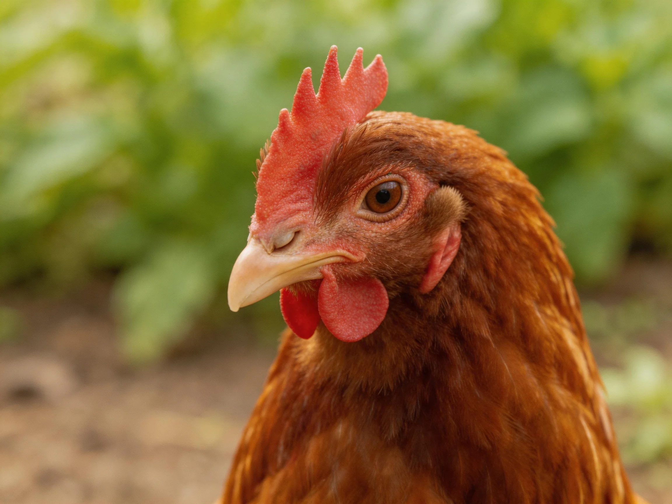 A brown hen with red comb and wattles near greenery