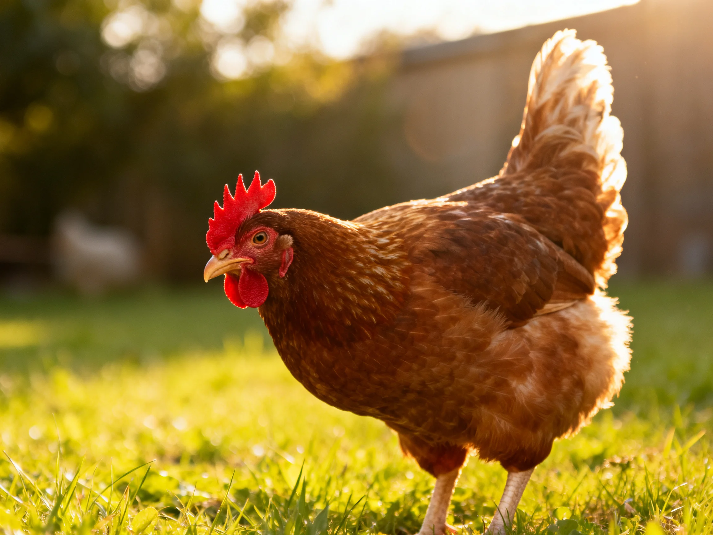 A brown hen with red comb foraging in sunlit green grass