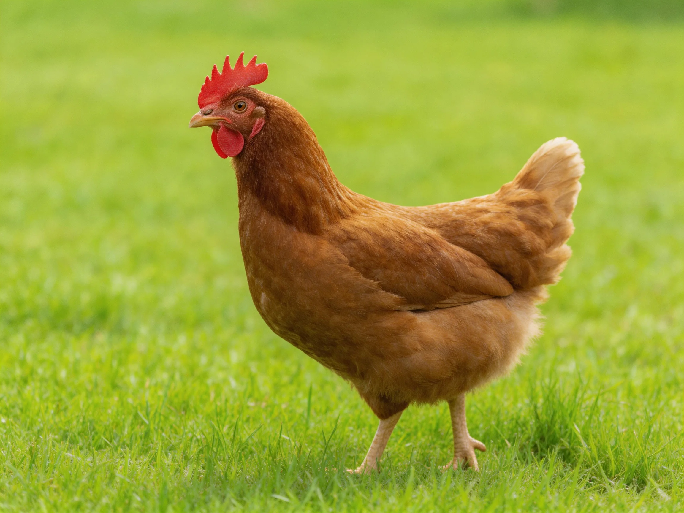 A brown hen with red comb standing on lush green grass