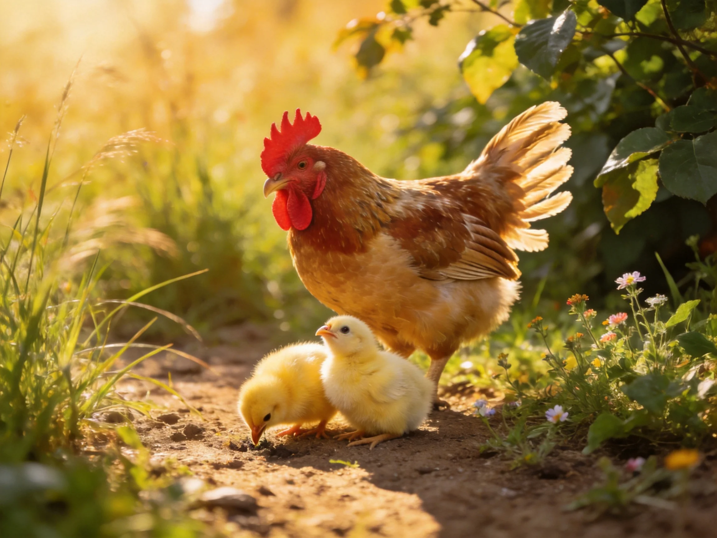 A brown hen with red comb stands near two yellow chicks in a sunlit garden