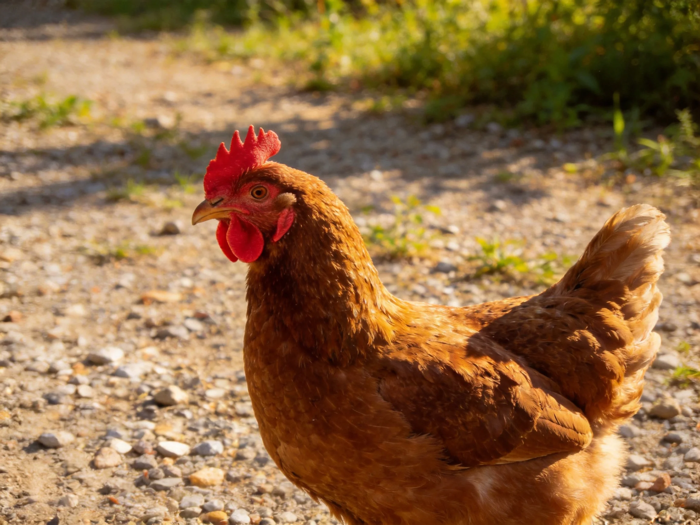 A brown hen with red comb stands on a gravel path near green foliage