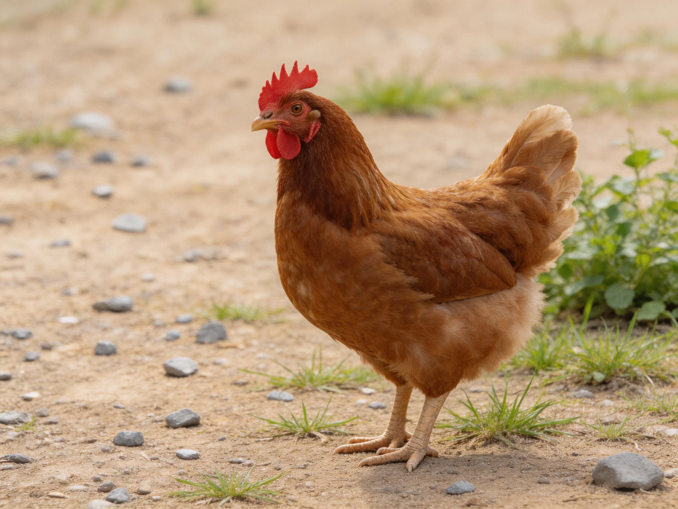 A brown hen with red comb stands on a gravel path in a natural setting.