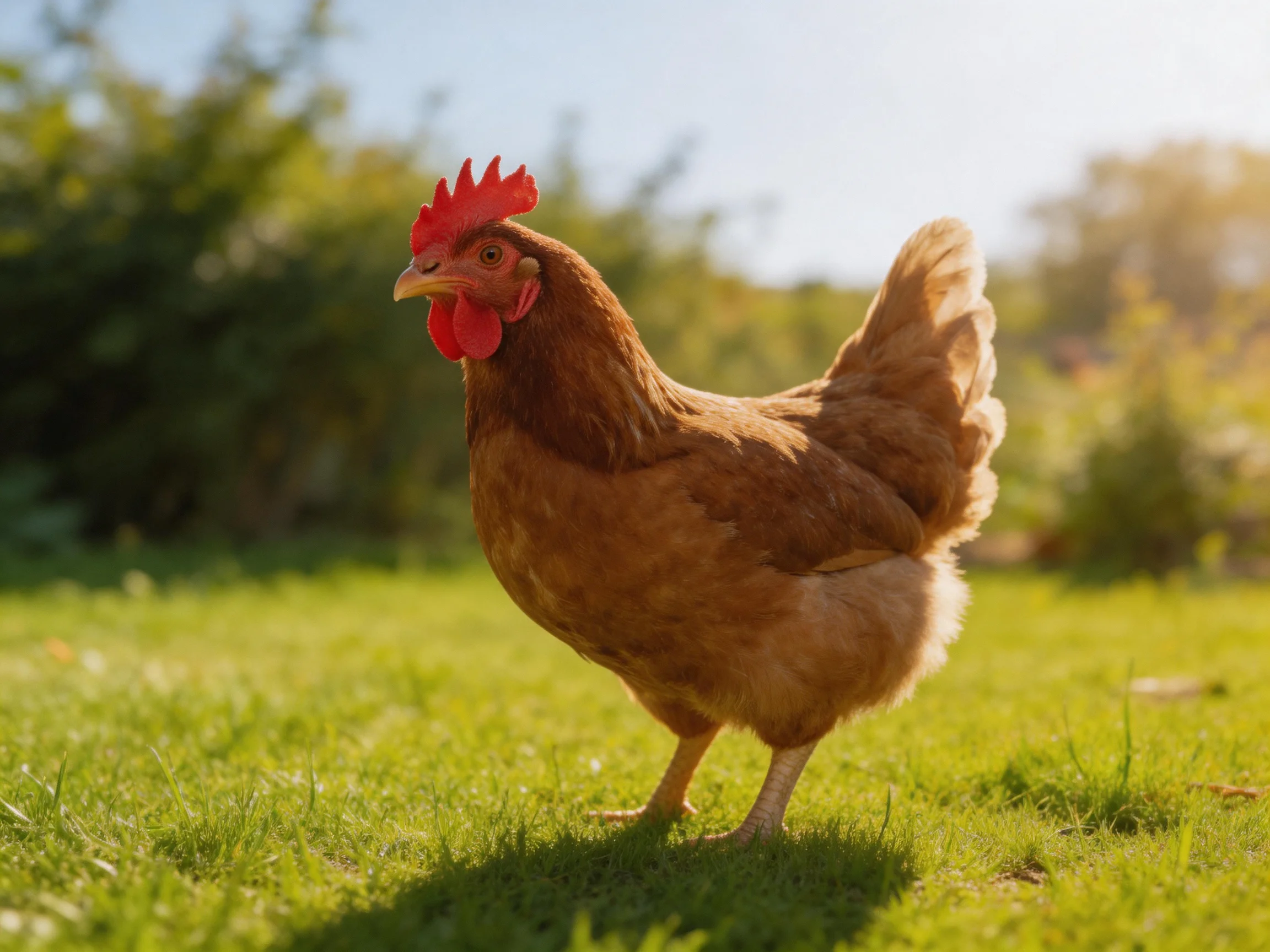 A brown hen with red comb stands on sunlit green grass near trees