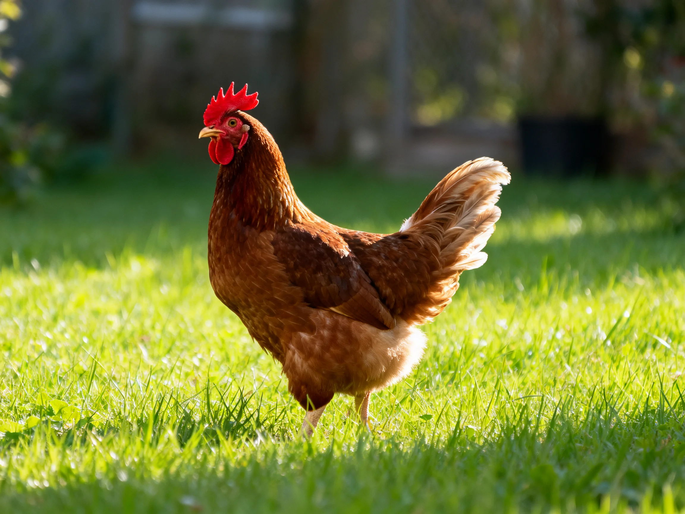 A brown hen roams through bright green grass in a sunlit outdoor setting.