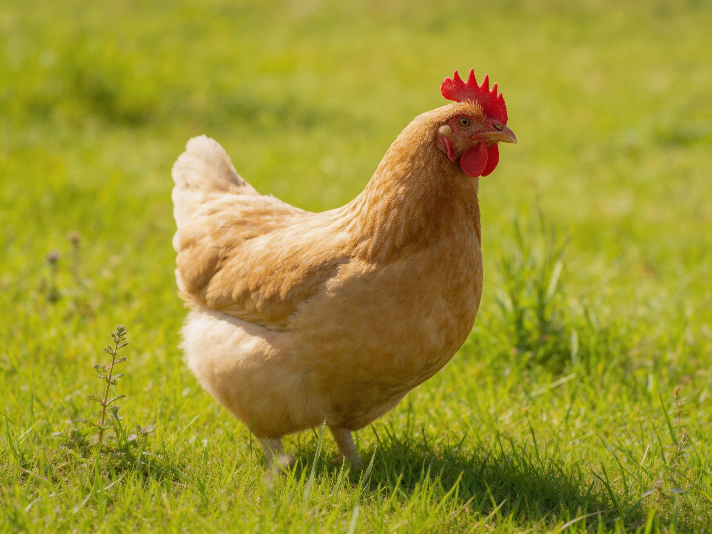 A brown hen with red comb strolling on lush green grass