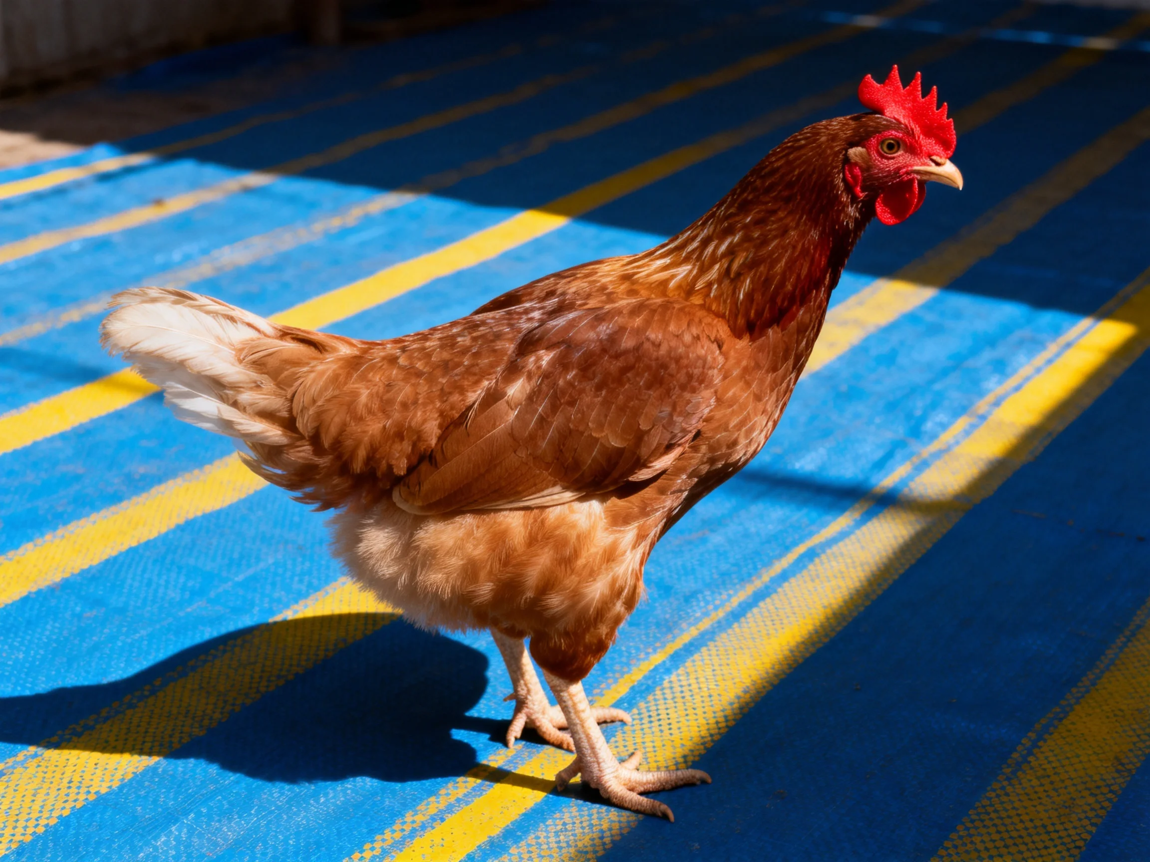 A brown hen with red comb walking on blue and yellow striped fabric