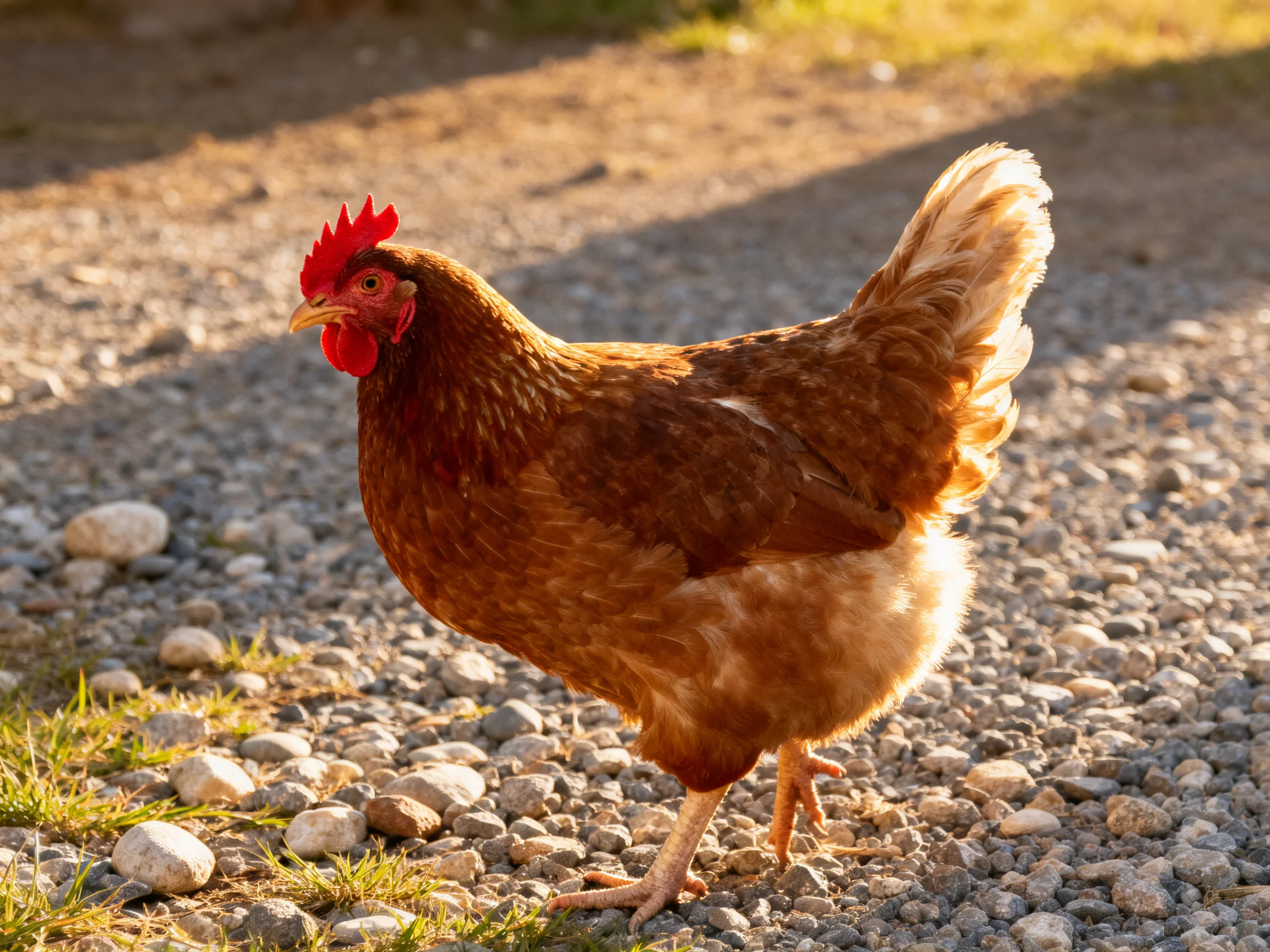 A brown hen with red comb walking on gravel near grass