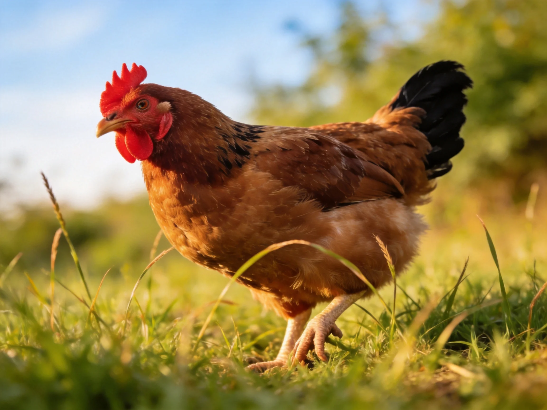 A brown hen with red comb walks through lush green grass under bright sunlight