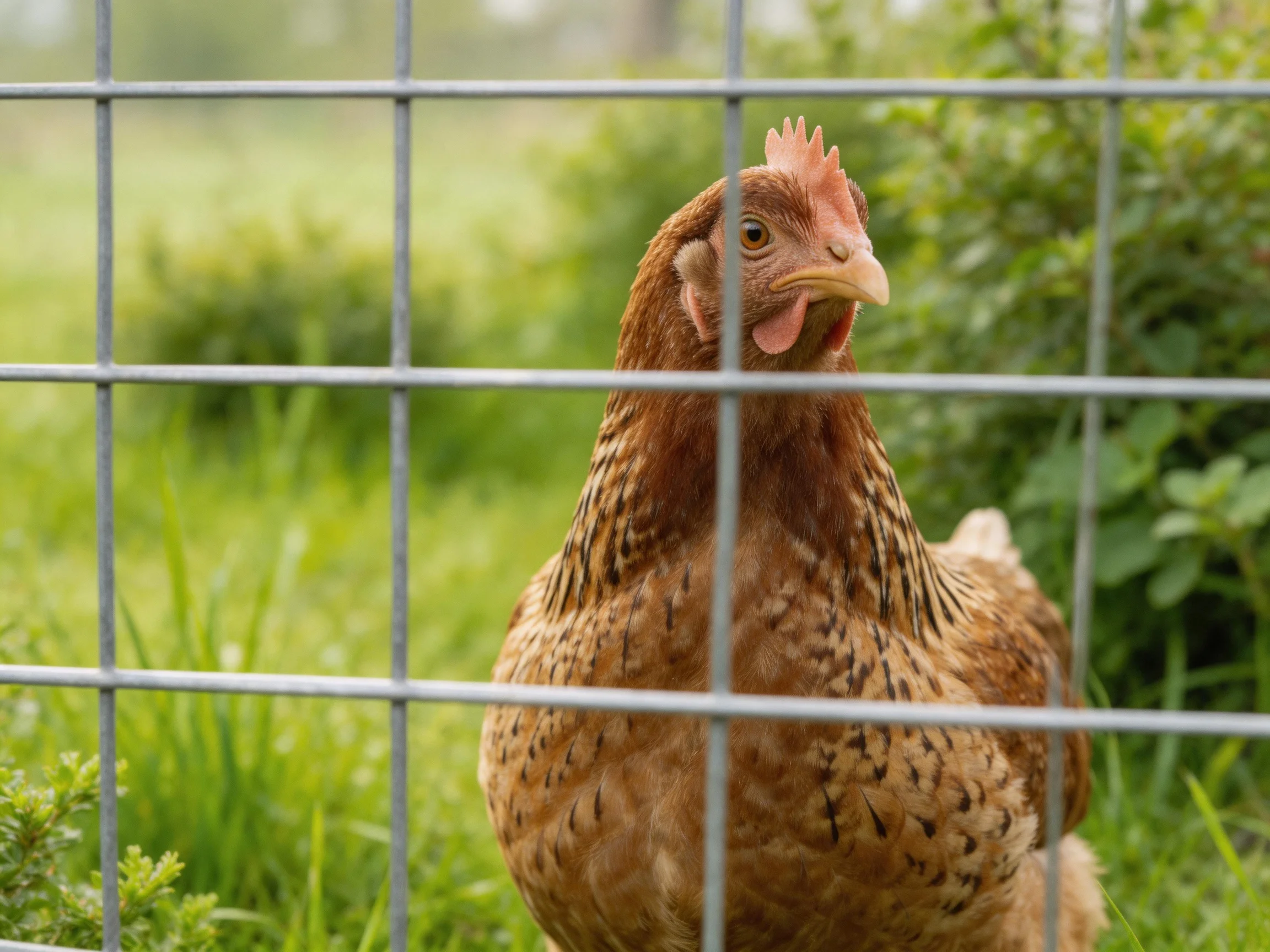 A brown hen with speckled feathers behind a metal grid fence