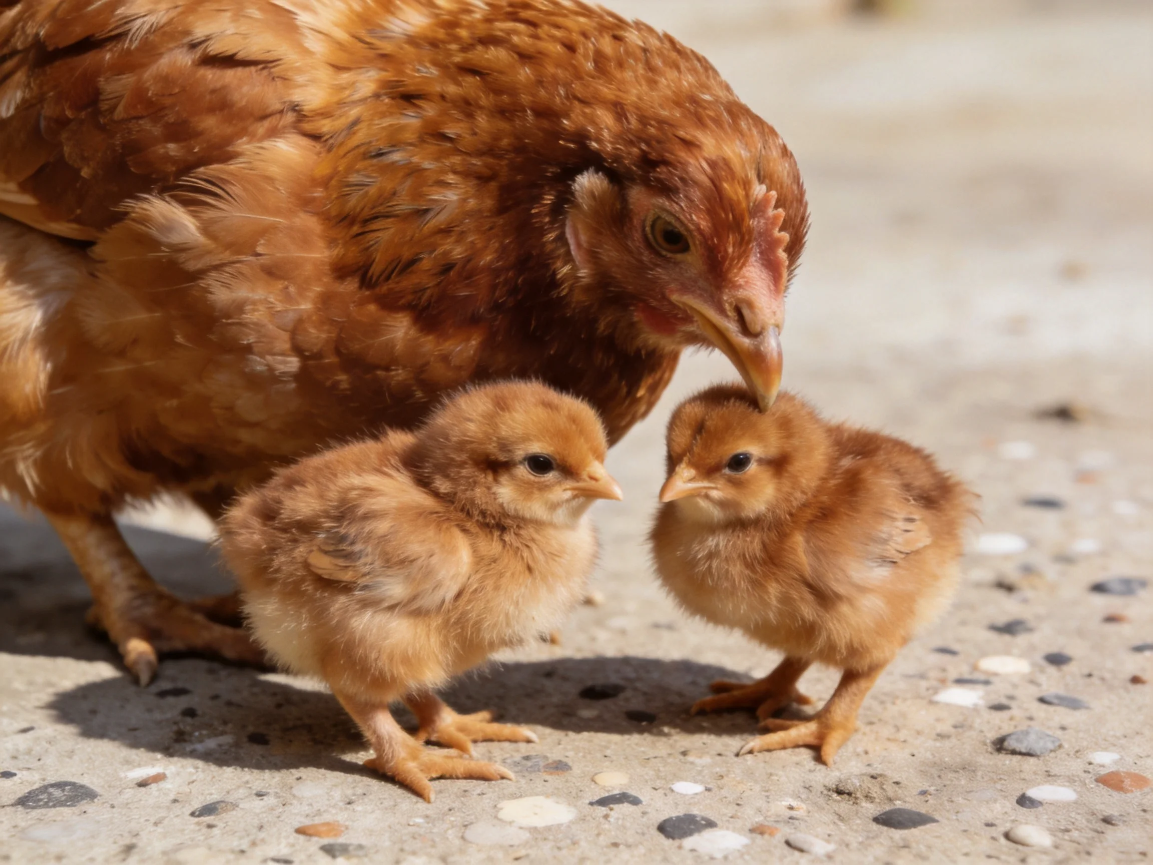 A brown hen with two fluffy orange chicks on a pebbly surface