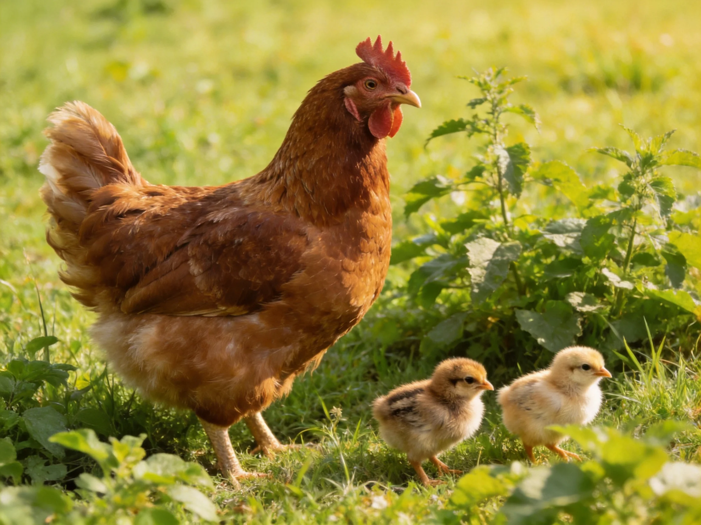 A brown hen with two yellow chicks in a lush green meadow