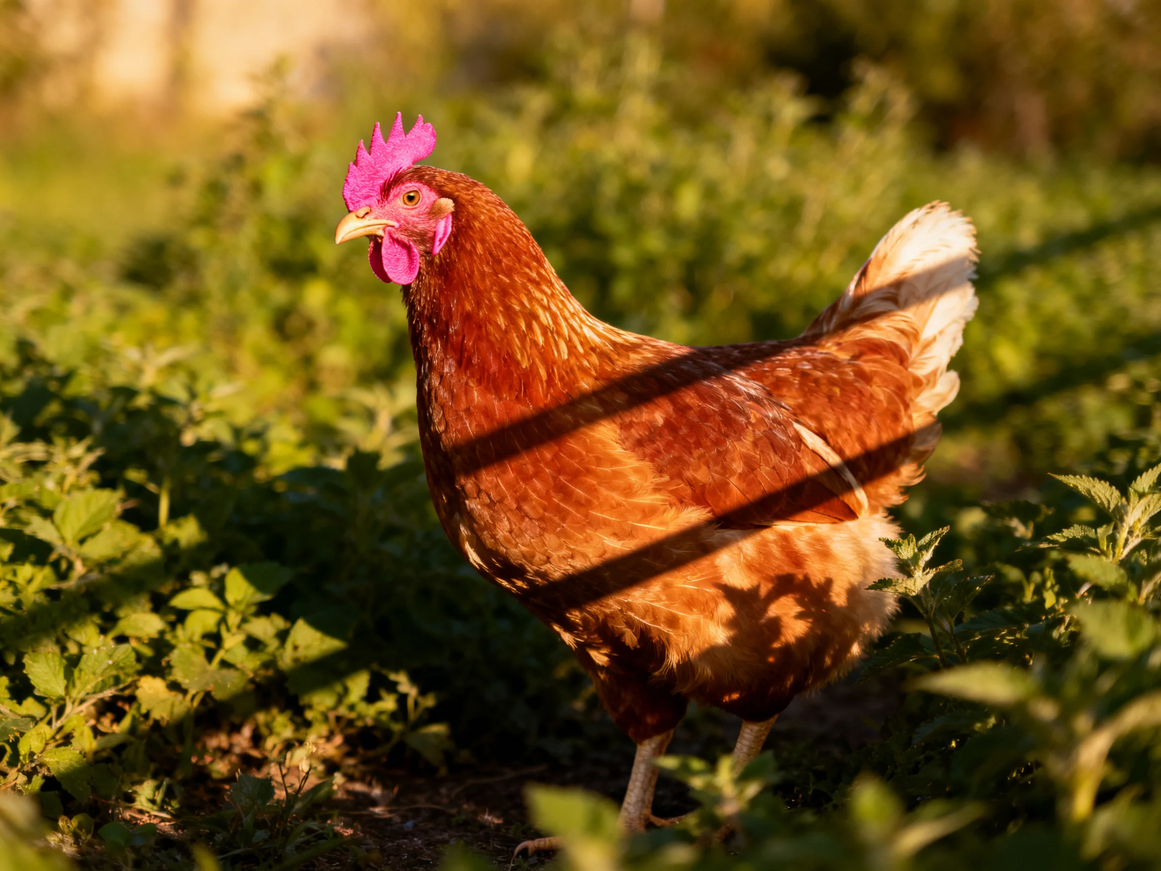 A brown hen with vibrant pink comb stands amid lush green vegetation