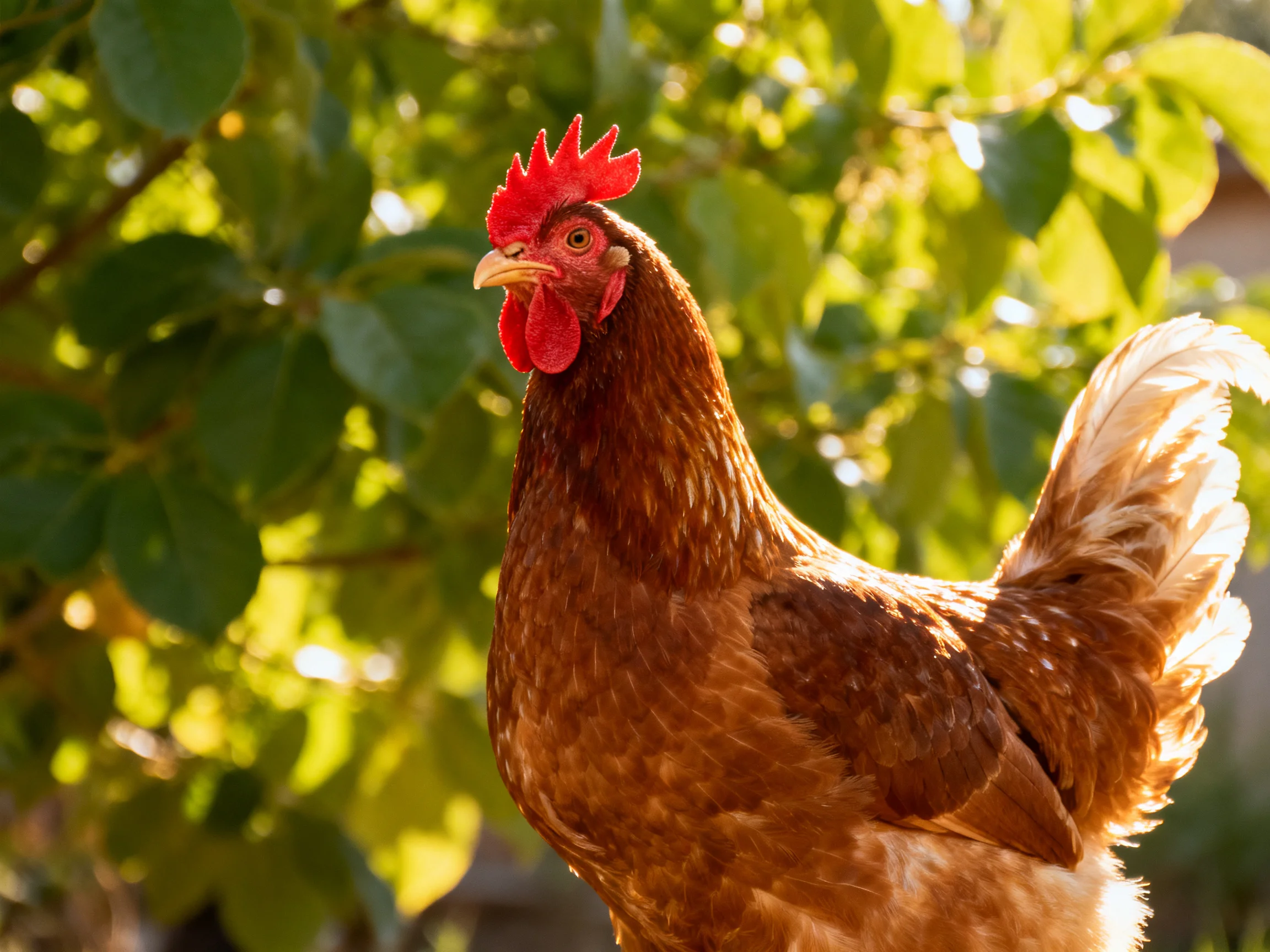 A brown hen with vibrant red comb amid lush green foliage