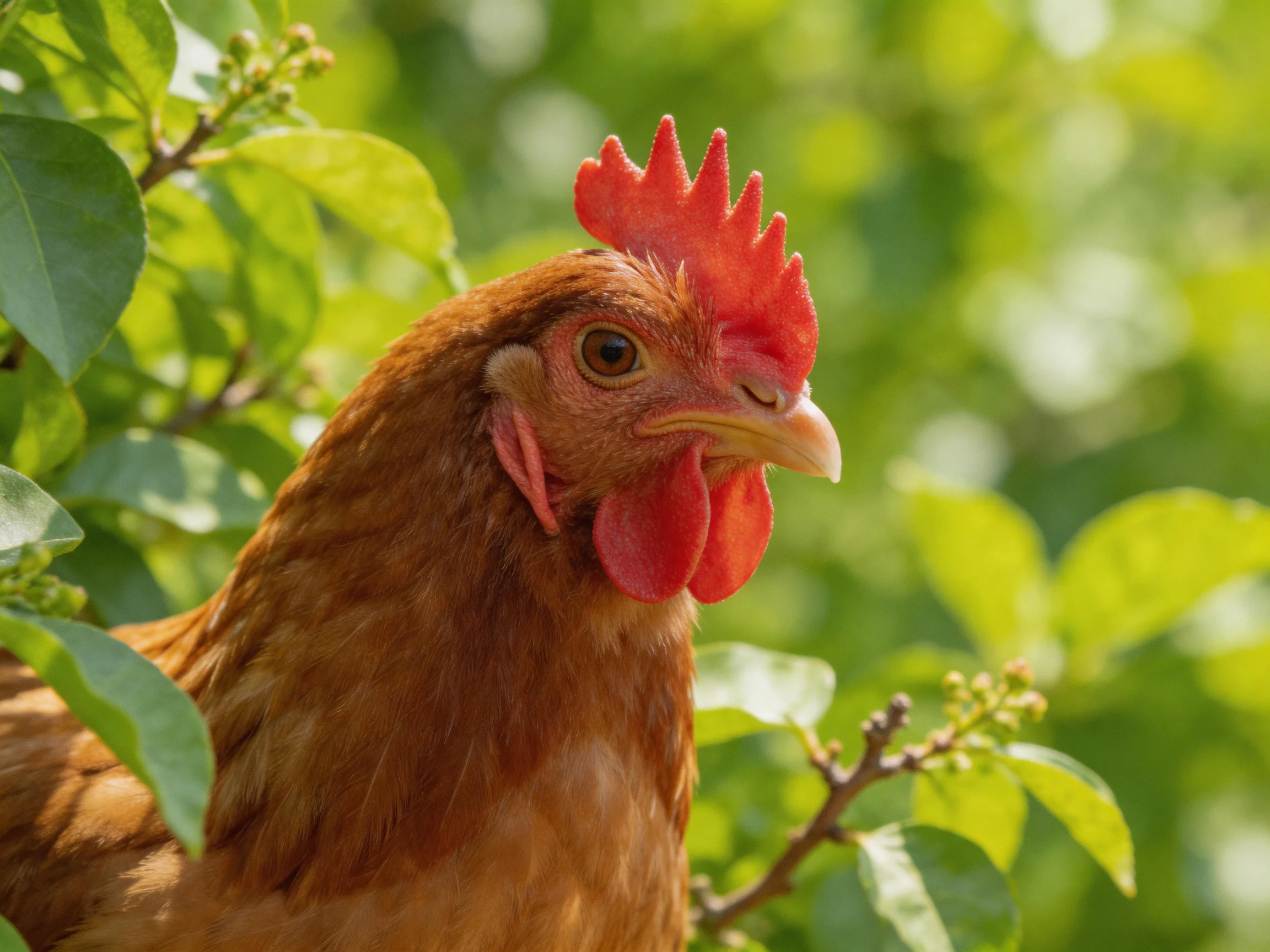A brown hen with vibrant red comb amid lush green foliage