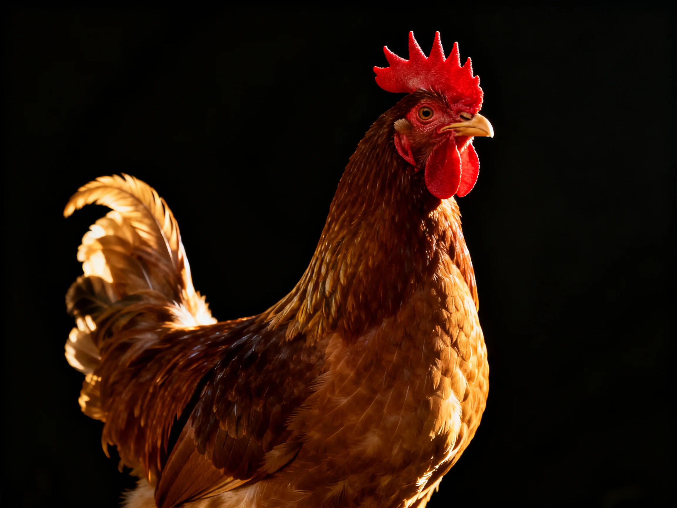 A brown hen with vibrant red comb and tail feathers against a solid black backdrop