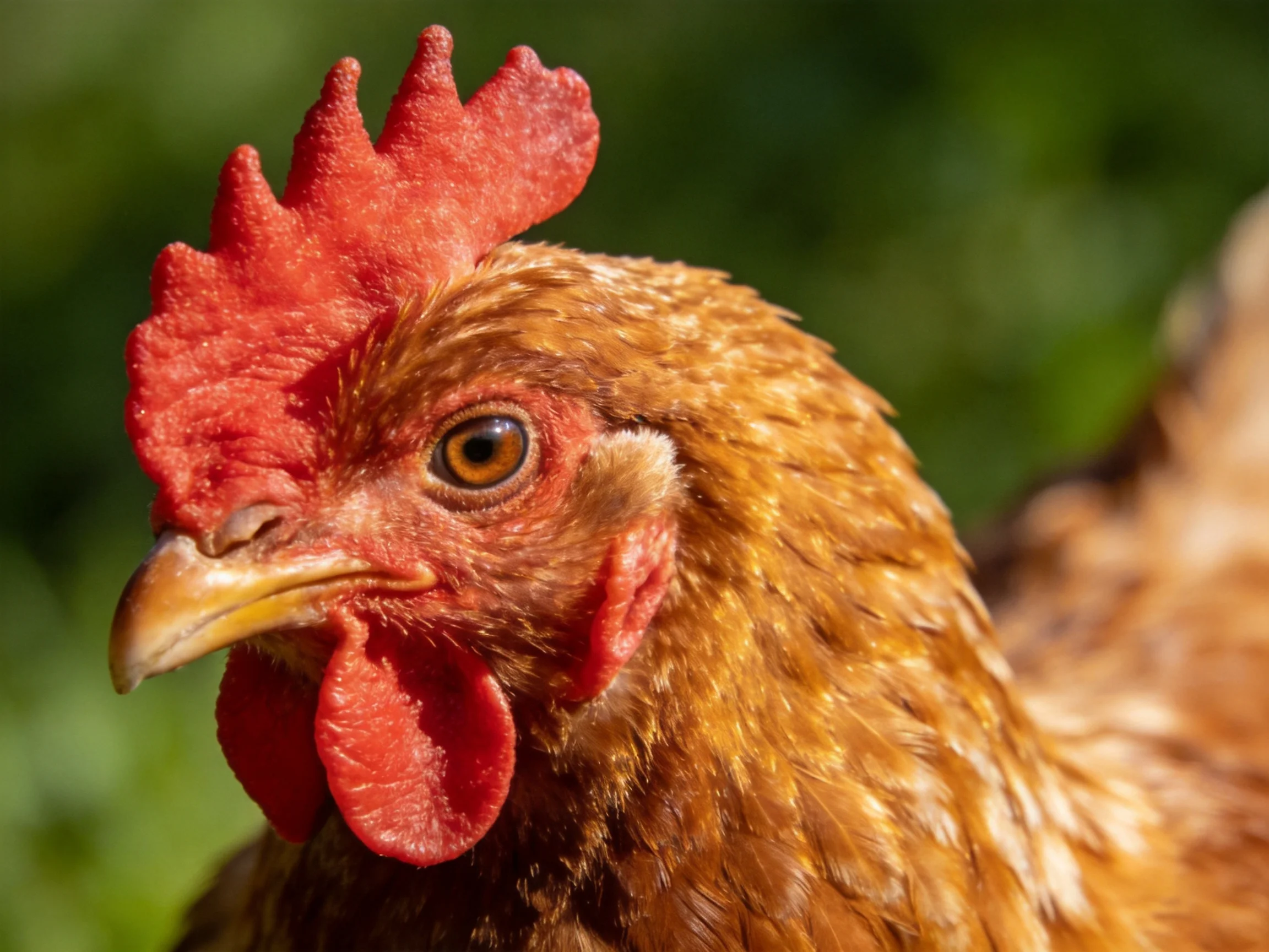 A brown hen with bright red comb and wattles is shown in a close - up photograph.