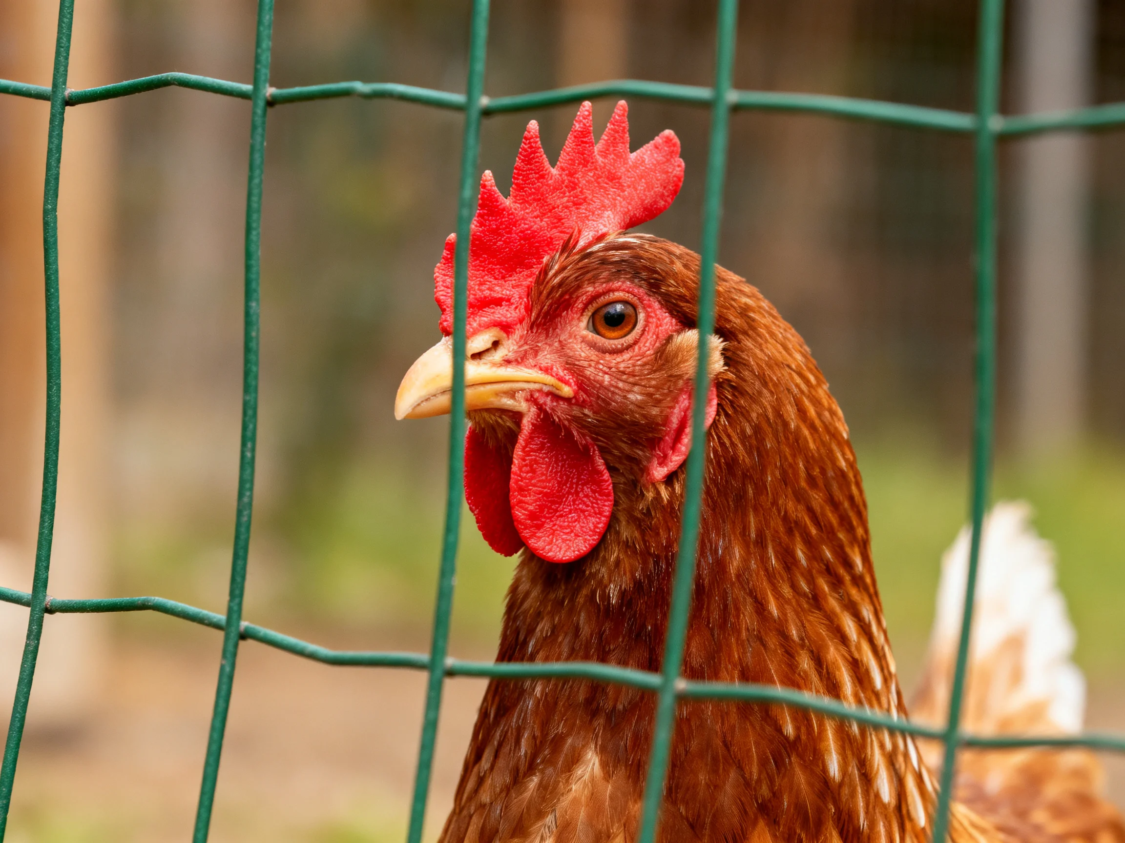 A brown hen with vibrant red comb near green wire fencing