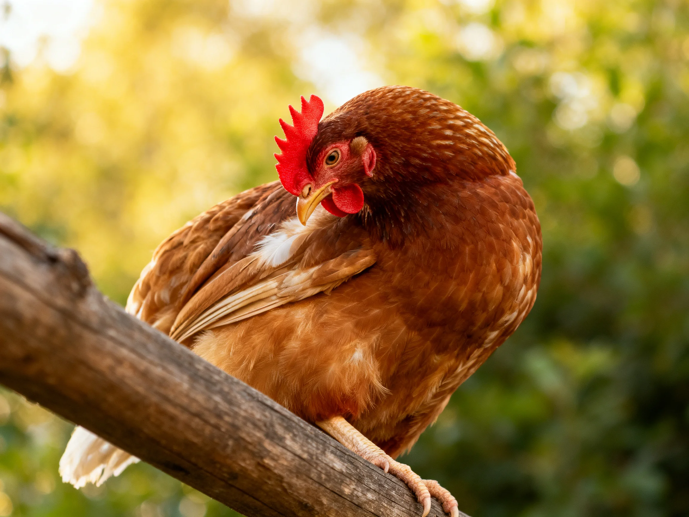 A brown hen with vibrant red comb perched on a weathered wooden branch