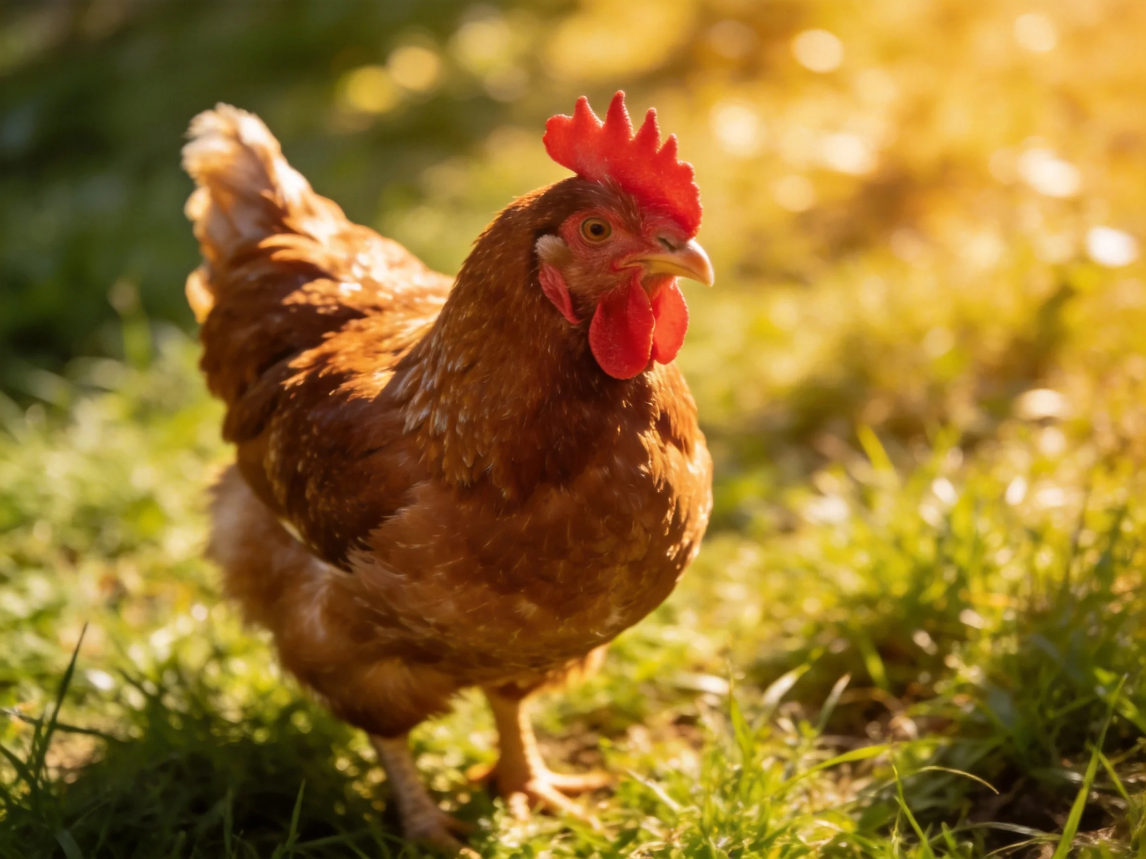 A brown hen with vibrant red comb standing on sunlit green grass