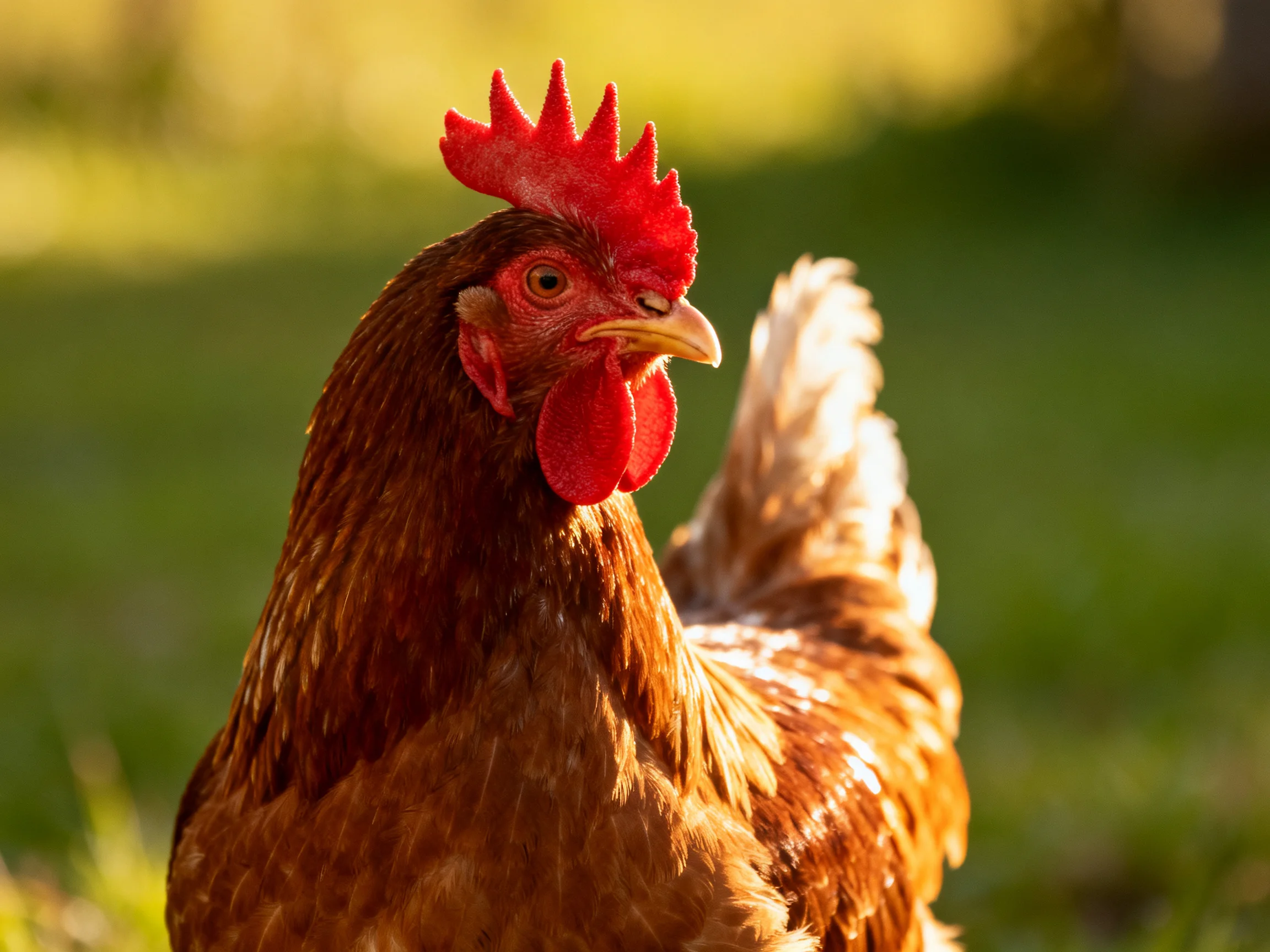 A brown hen with vibrant red comb standing outdoors