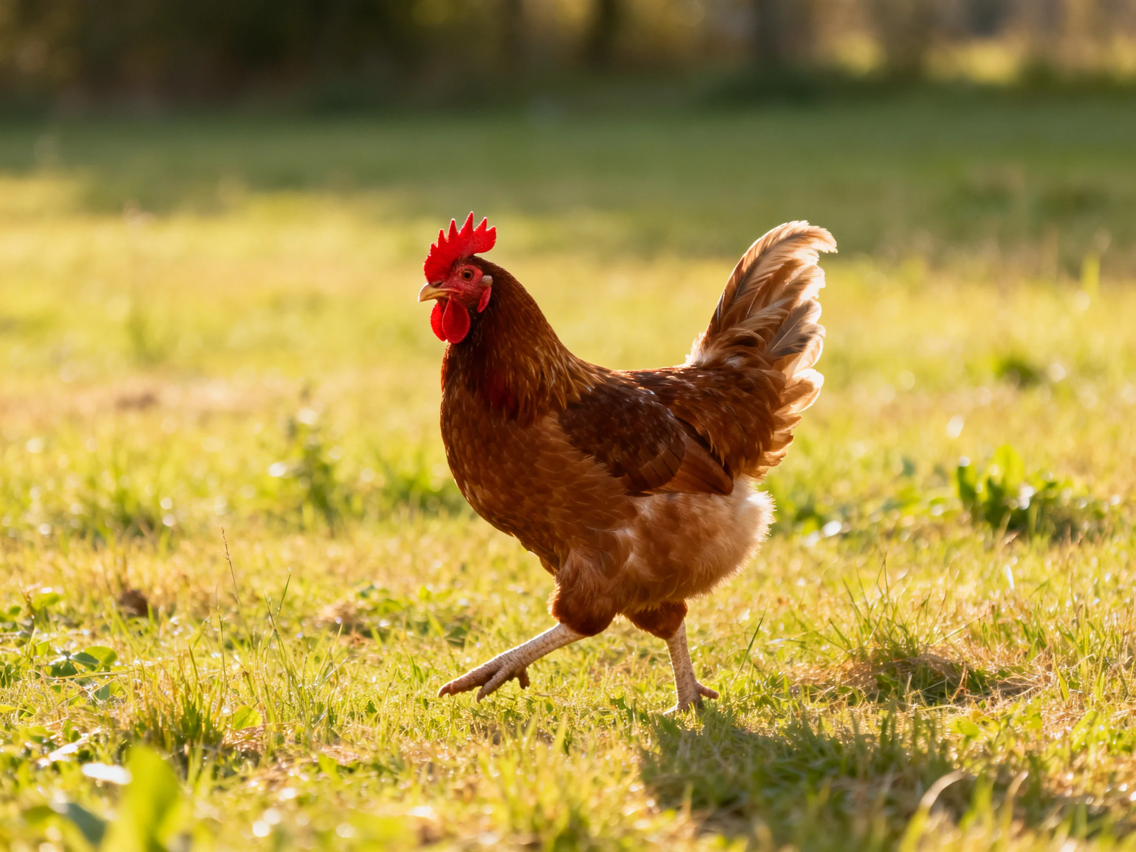 A brown hen with a red comb moves across a sunlit grassy field.