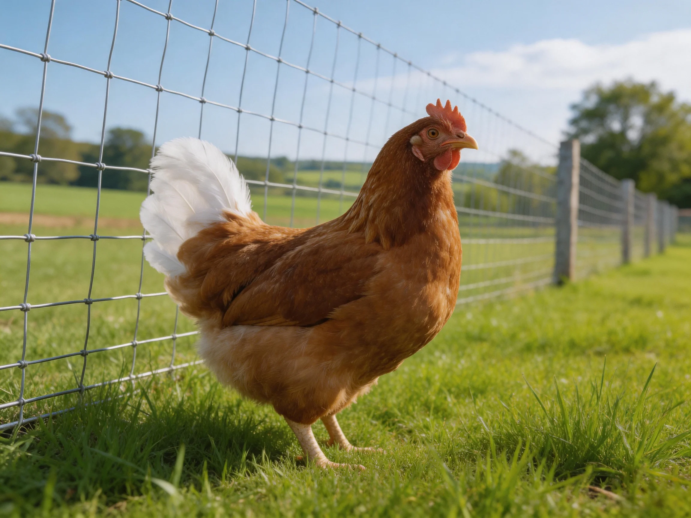 A brown hen with white tail feathers stands by a wire fence in a sunny pasture