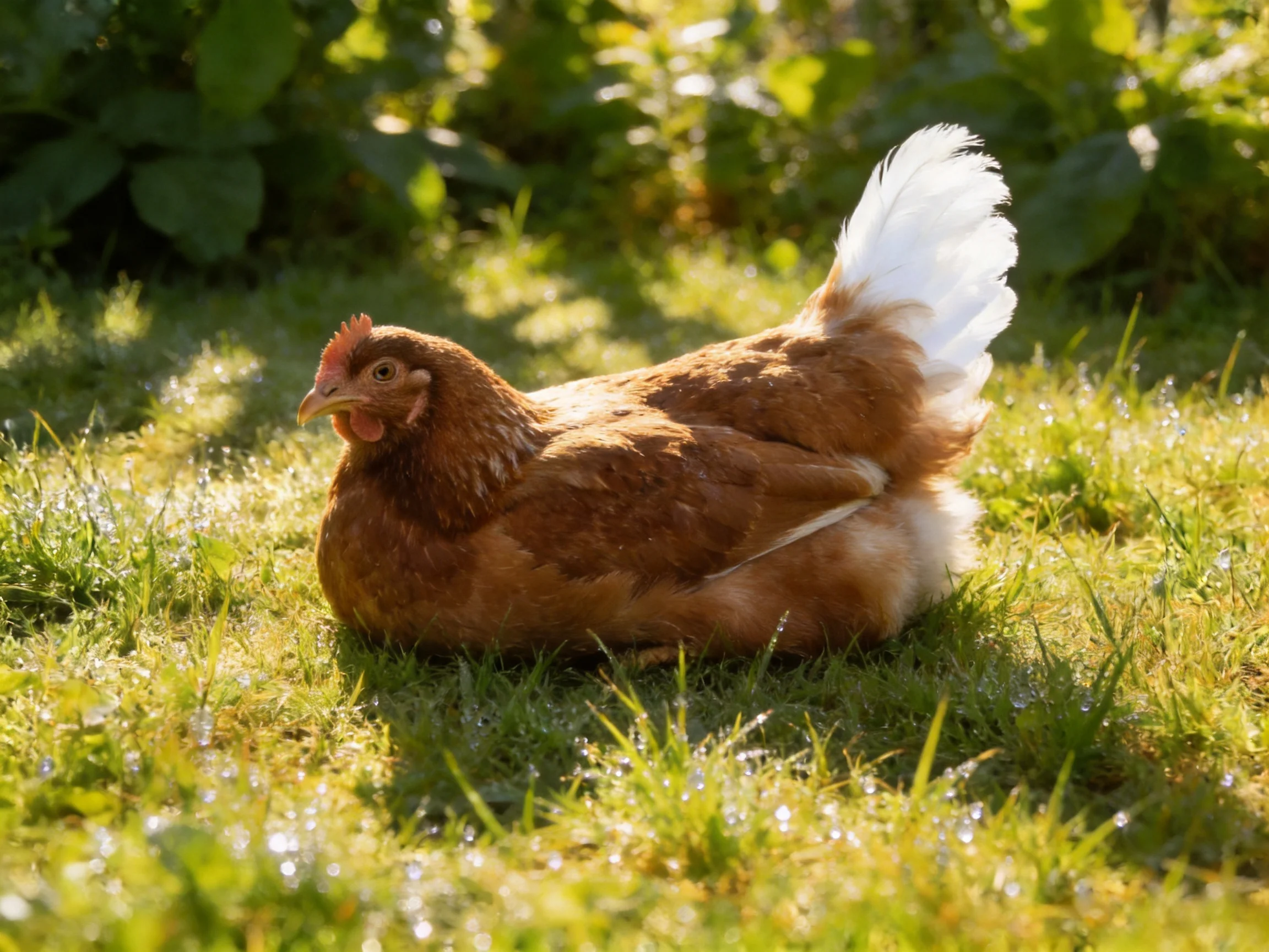 A brown hen with white tail resting on dewy green grass