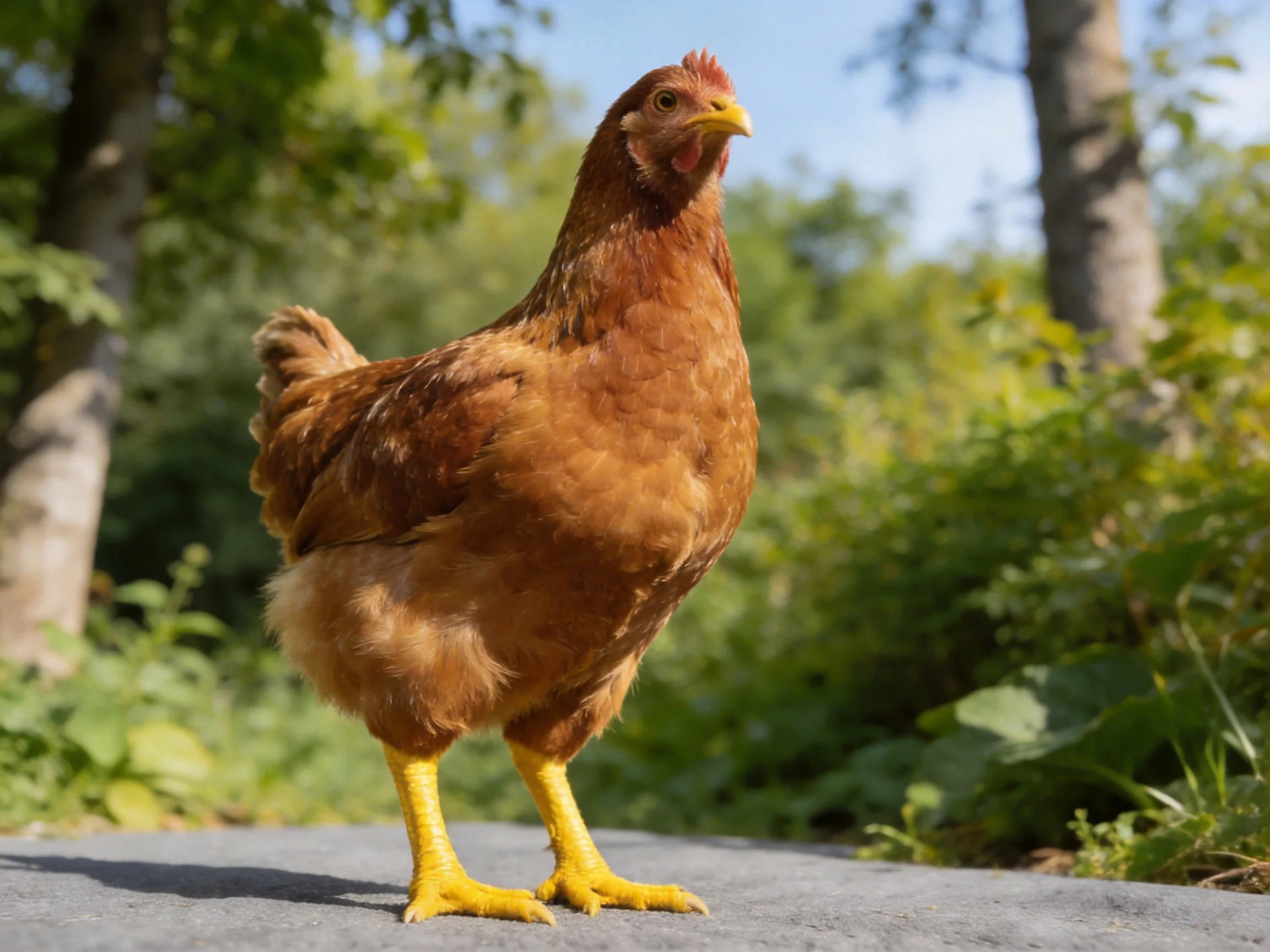 A brown hen with yellow legs stands on a paved area among greenery