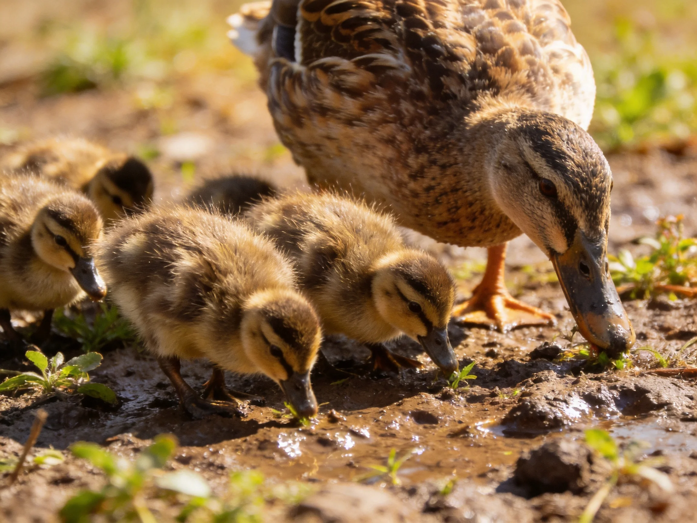 A brown mother duck and three ducklings forage near muddy ground with greenery