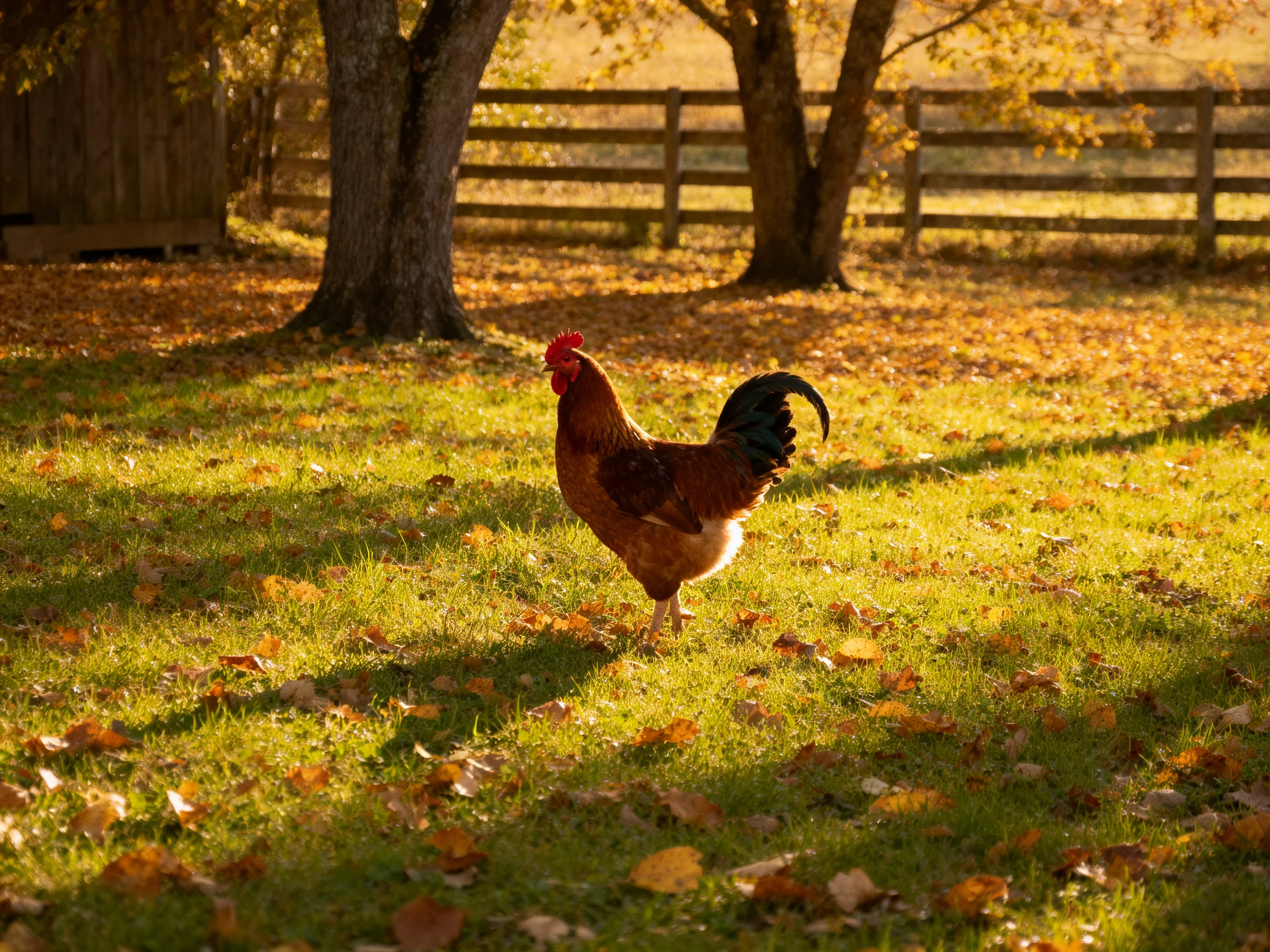 A brown rooster explores a sun-dappled autumn yard with scattered leaves