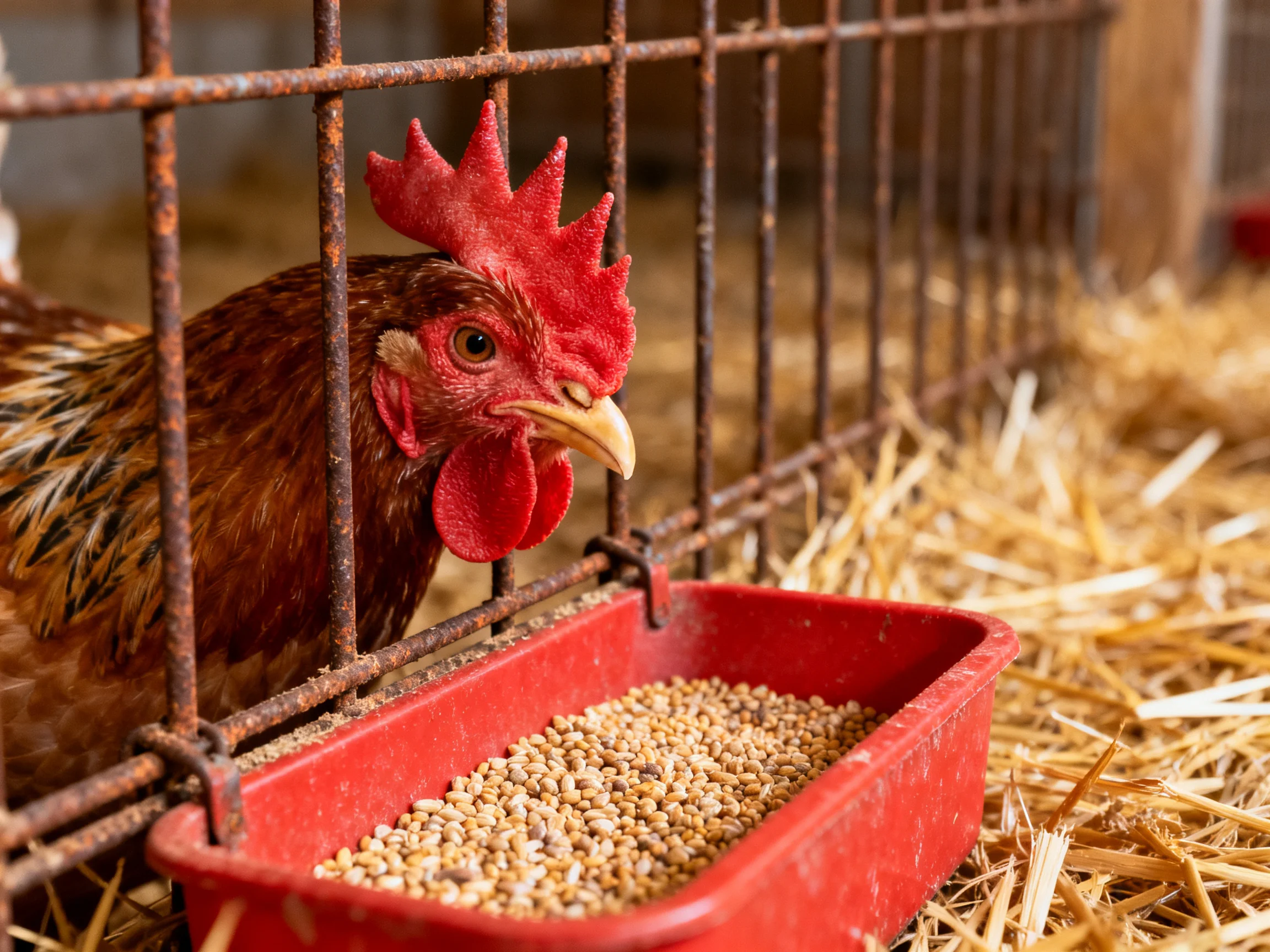 A brown rooster in a rusty cage with a red feeder of grains