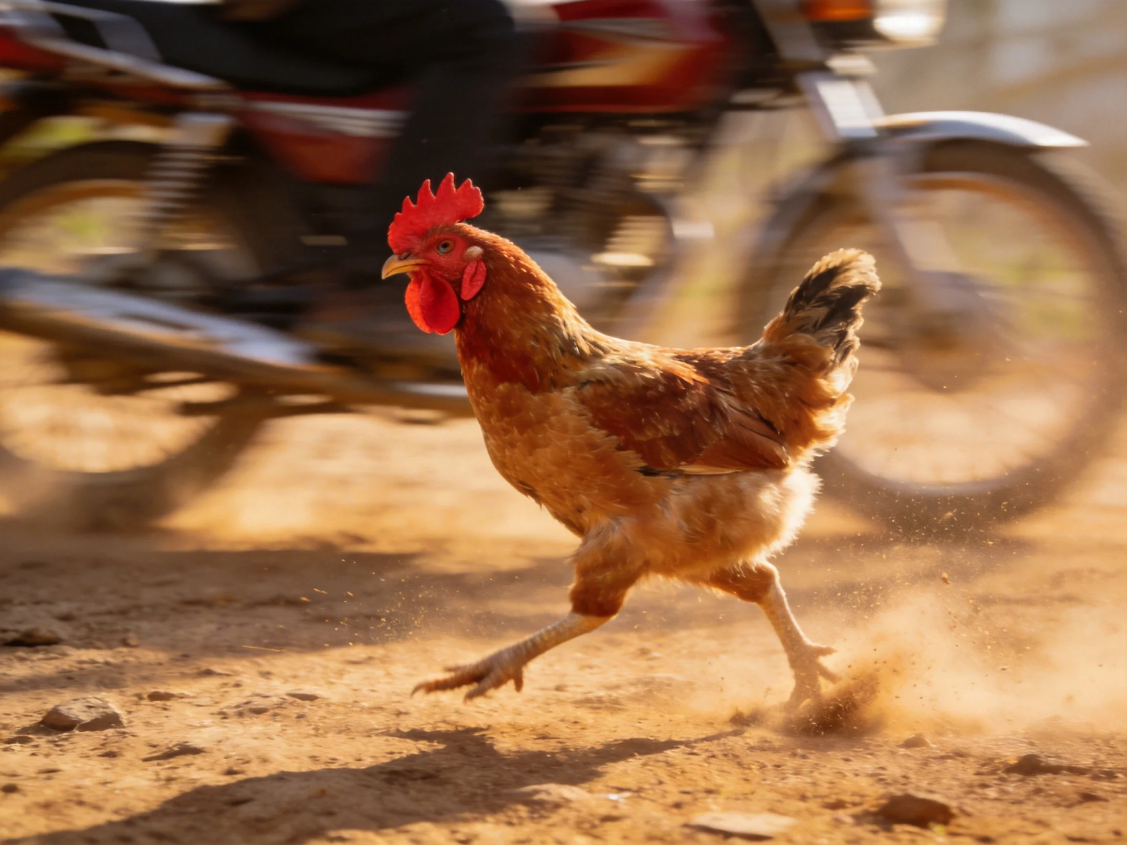 A brown rooster runs near a blurred motorbike on dusty ground